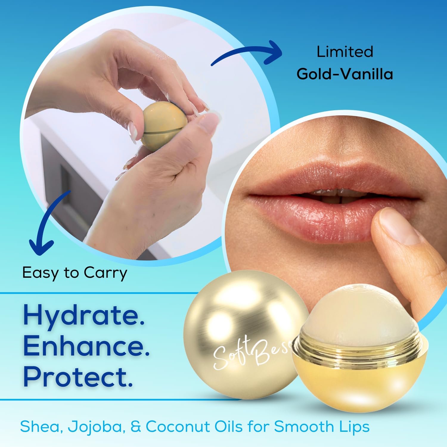 Vanilla Rose Gold & Gold Vegan Lip Repair Balm Duo - SoftBeso Moisturizing Lip Care with Clean Ingredients for Dry, Chapped Lips | Mother's Day Gift Set, Daily Hydration & Night Treatment
