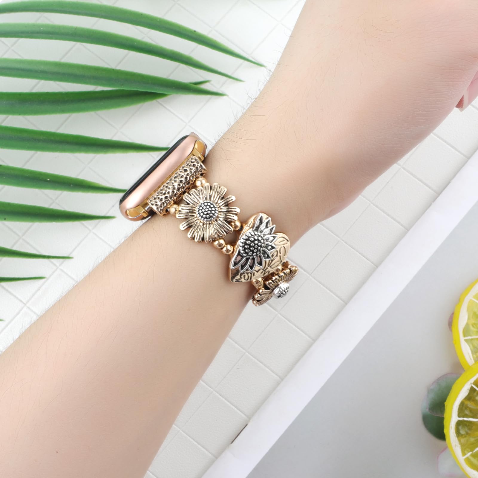 Stretchy Stainless Steel Apple Watch Bands for Women - Compatible with 38mm 40mm 41mm 42mm 44mm 45mm 49mm iWatch Series 9/8/7/6/5/4/3/2/SE - Elegant Sunflower Heart Design Elastic Wristband for Workout, Office & Special Occasions