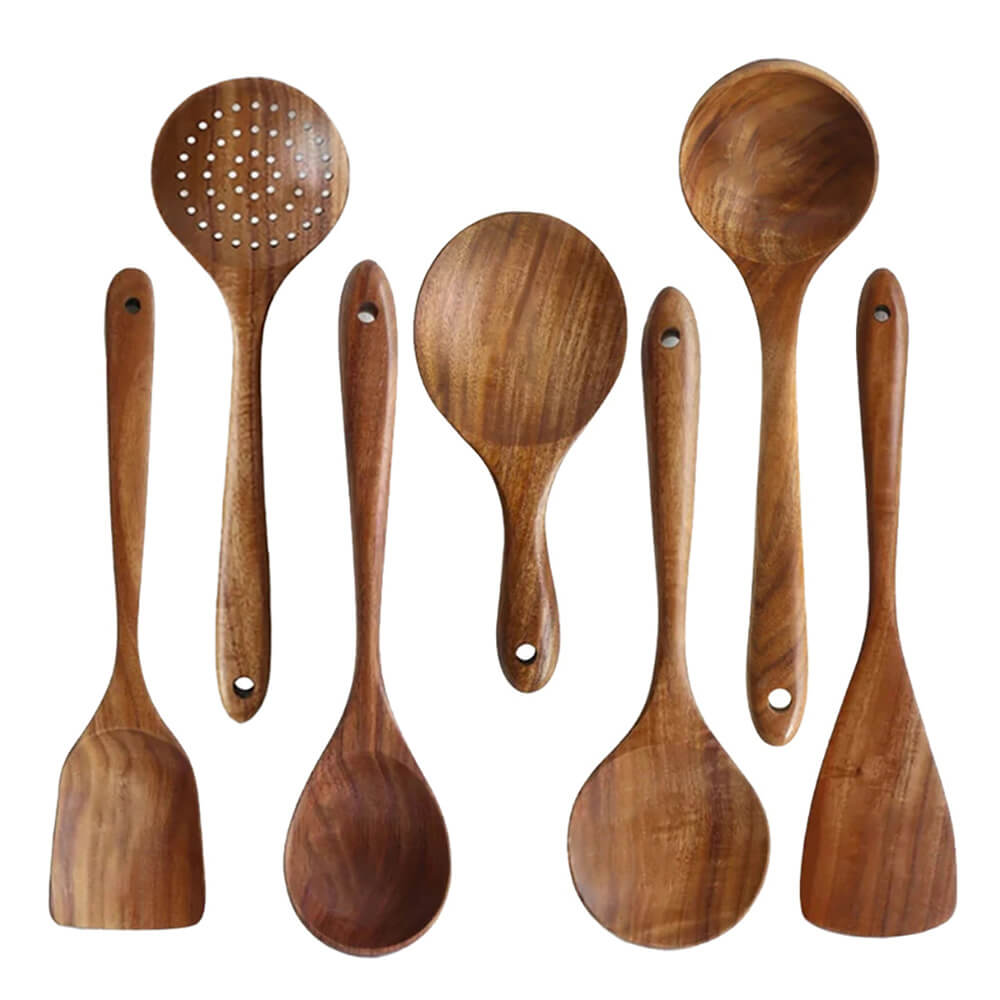 Premium 7-Piece Hazel Wooden Cooking Utensil Set - Natural Wood Kitchen Tools for Non-Stick Cookware, Baking & Healthy Cooking - Ideal for Home Chefs & Eco-Friendly Kitchens