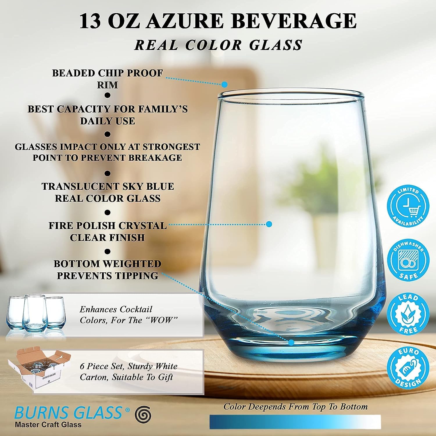 Mivana Premium 450ml Juice Glasses Set of 6 - Lead-Free Highball Drinking Tumblers for Water, Juice, Beer, Cocktails & Mixed Drinks - Transparent Blue - Perfect for Home Bars, Parties & Restaurants