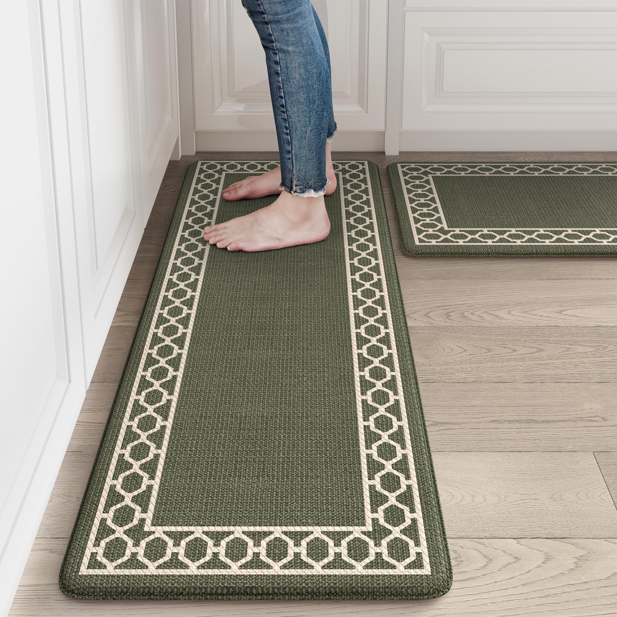 LEEVAN Anti-Fatigue Kitchen Floor Mats - Non-Slip Cushioned Memory Foam Standing Mat Set (2-Piece, Olive Green) | Waterproof & Ergonomic Design for Office, Bar, Desk, Laundry Room | Comfortable Support for Long Standing Hours at Work or Home