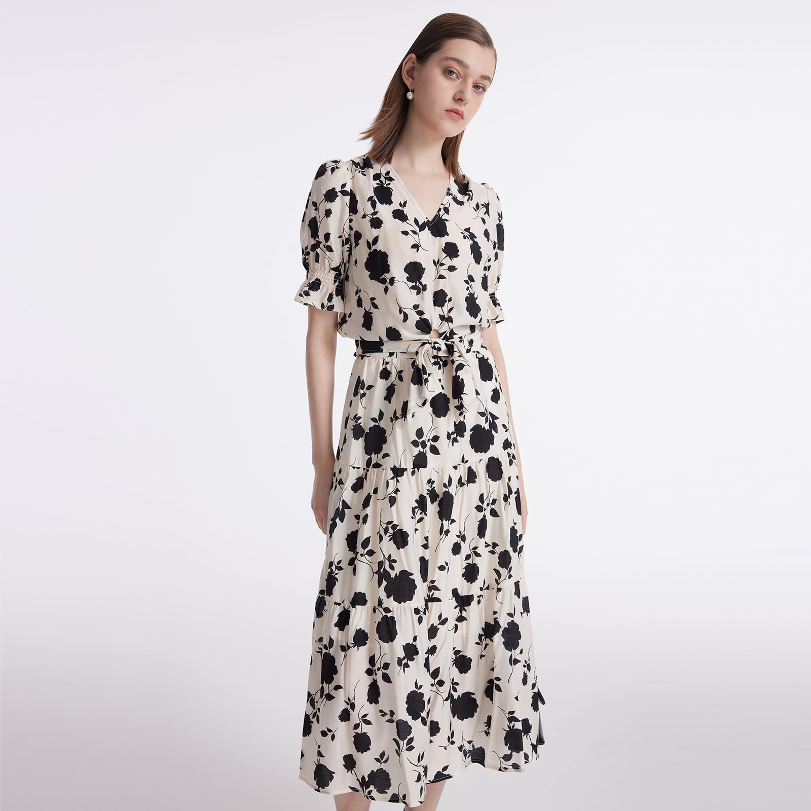 2 Piece Skirt Sets for Women - Classic Business Outfits with Puff Sleeve V-Neck Blouse & Maxi Skirt | Rose Printed Acetate Fabric | Office Wear, Formal Occasions & Professional Events