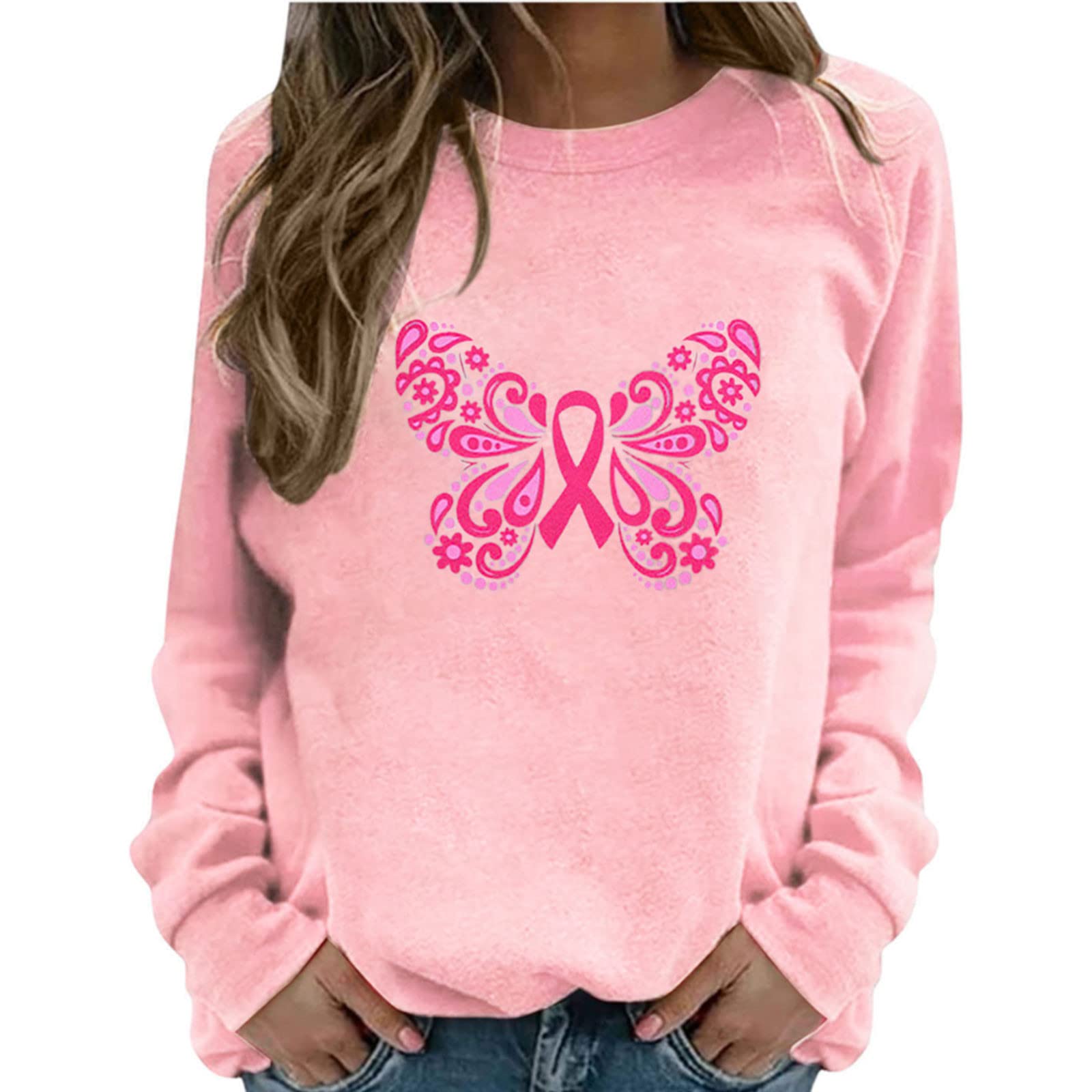 ESCBUKI Women's Pink Ribbon Graphic Breast Cancer Awareness Sweatshirt - Long Sleeve Crewneck Pullover Hoodless Hoodie for Charity Events & Casual Wear
