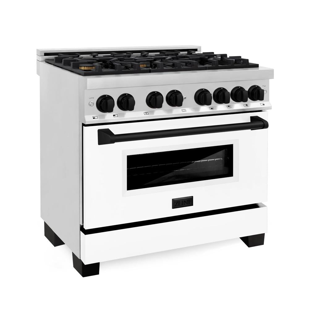 ZLINE Autograph Edition 36-inch Stainless Steel Dual Fuel Range with White Matte Door & Matte Black Range Hood - Professional Kitchen Package for Home Chefs | Perfect for Modern Kitchens & Gourmet Cooking