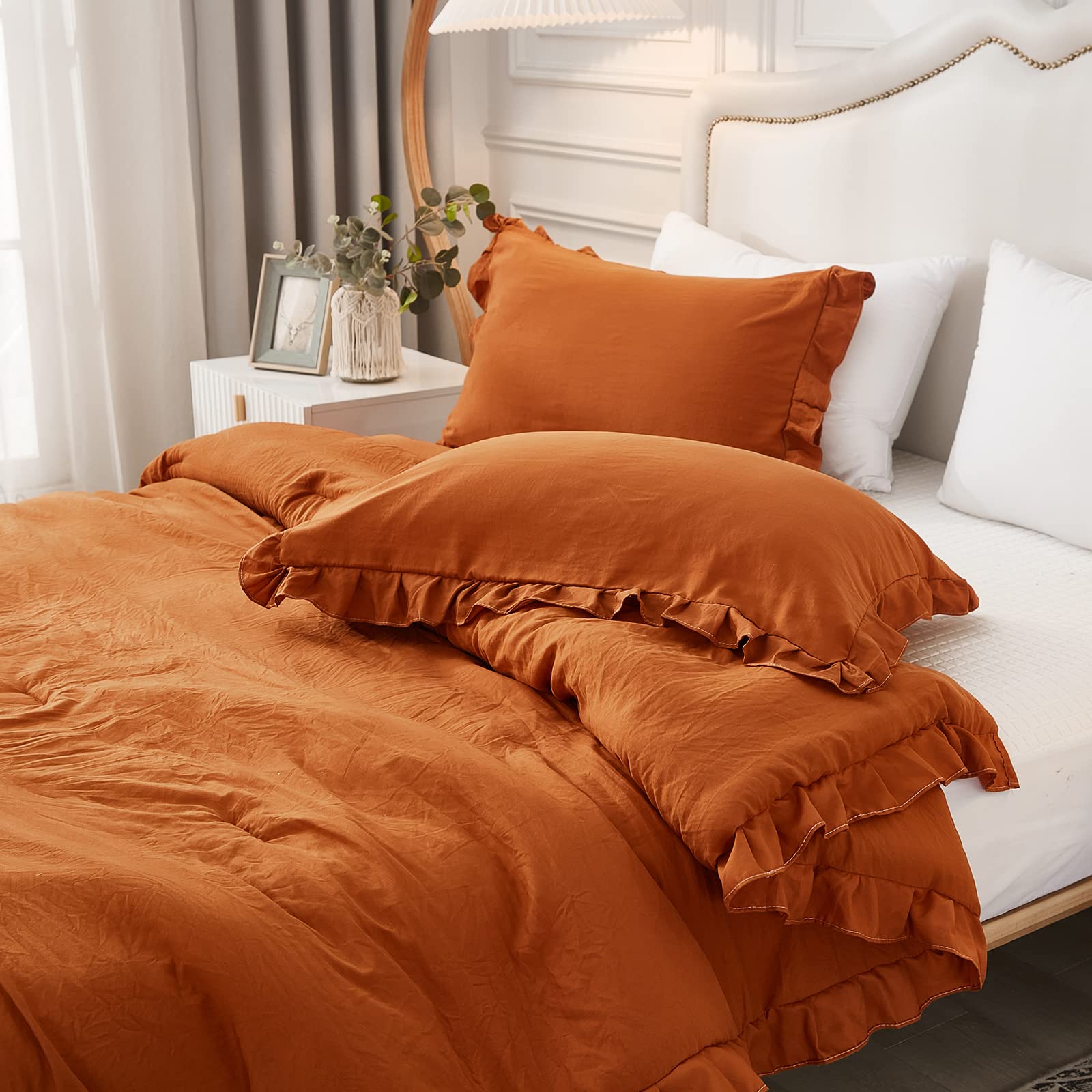 Burnt Orange Pillowcases Set of 2 - Rust Ruffle Standard Queen Size (20x30 inches) Shabby Chic Caramel Decorative Pillow Covers - Perfect for Bedroom, Living Room & Home Decor