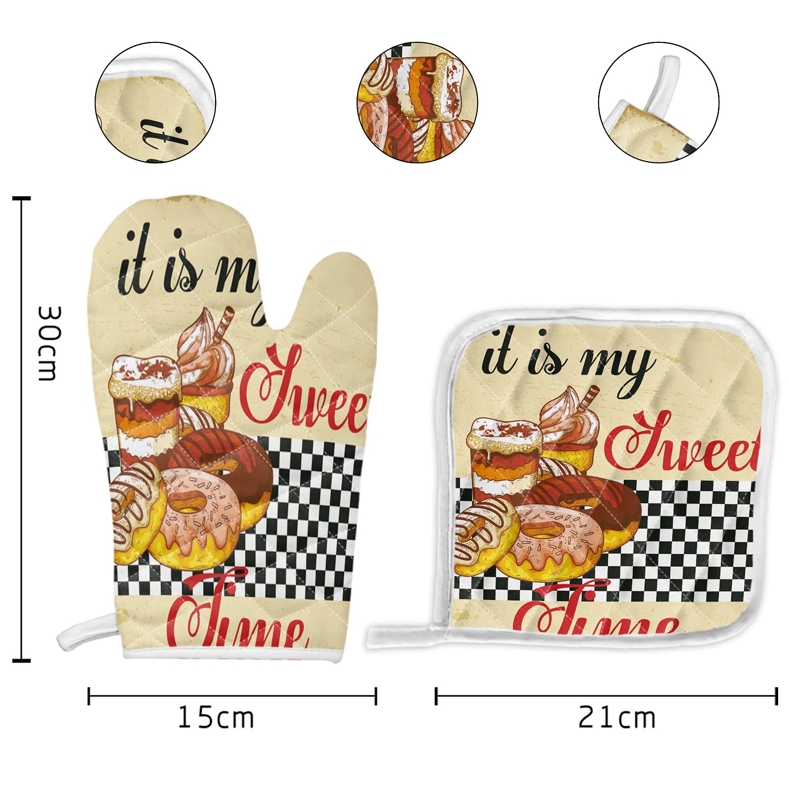 Heat Resistant Oven Mitts and Potholders Set of 2 - Cotton Insulated Kitchen Gloves for Baking, Cooking, Grilling - Perfect for Desserts, Cakes, Donuts & Tea Time