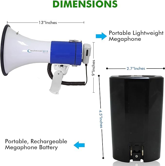 Technical Pro 75W Rechargeable Megaphone Bullhorn with Siren & Detachable Mic - Portable PA System for Outdoor Events, Coaching, Cheerleading & Emergency Alerts
