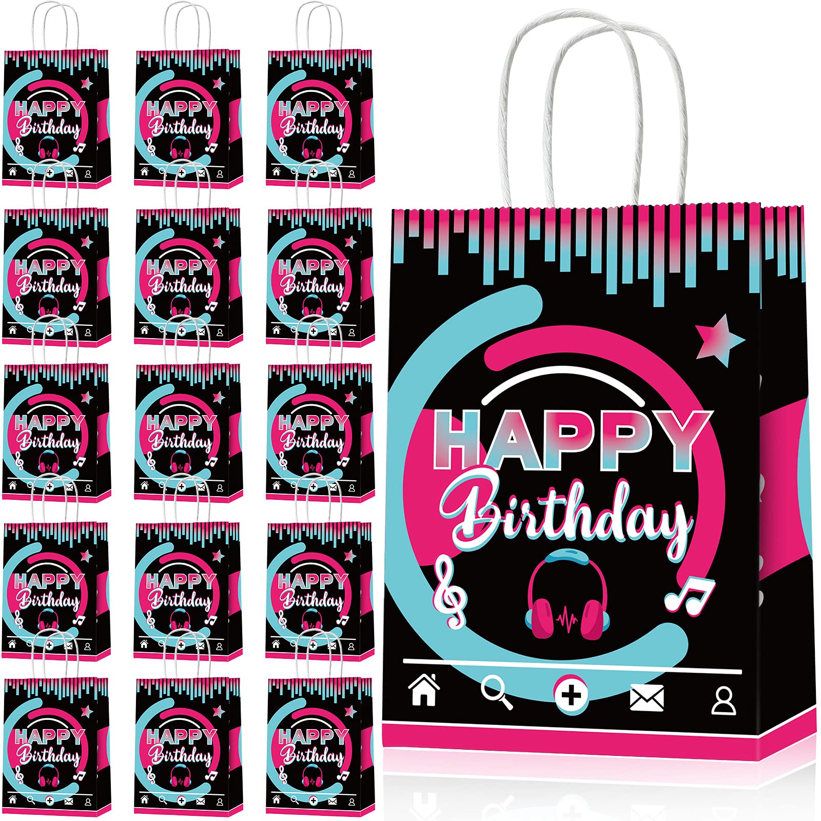 16-Piece Kraft Paper Music-Themed Gift Bags with Handles - Birthday Party Favors, Candy Treat Bags, Social Media Theme Decorations - Perfect for Birthday Parties, Baby Showers & Holiday Celebrations