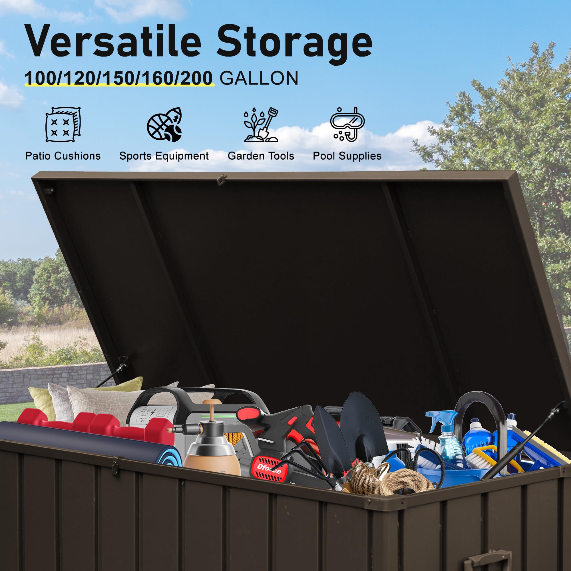 120 Gallon Outdoor Deck Box - Lockable Waterproof Storage Cabinet for Patio Furniture, Garden Tools & Pool Supplies | Large Metal Storage Bin for Cushions & Outdoor Gear | Durable Brown Deck Box for Backyard, Patio & Poolside Organization