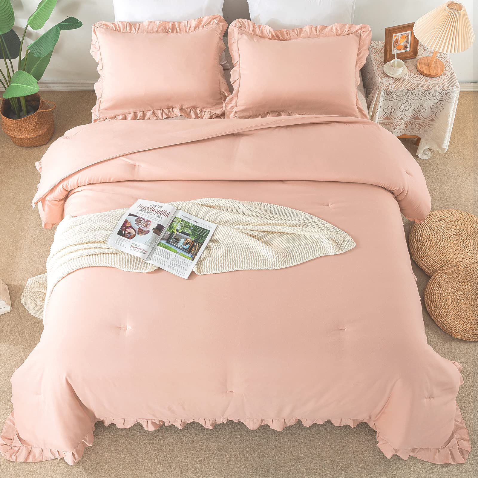**Andency Blush Ruffle Comforter Set - Full Size (79x90 Inches), 3-Piece Farmhouse Shabby Chic Bedding with Ruffled Comforter & 2 Pillowcases - Vintage Rustic Soft Microfiber Down Alternative Comforter for Cozy Bedroom Decor**    *(Perfect for Farmhouse, Shabby Chic, or Vintage-Themed Bedrooms – Ideal for Guest Rooms, Master Suites, or Cozy Retreats)*