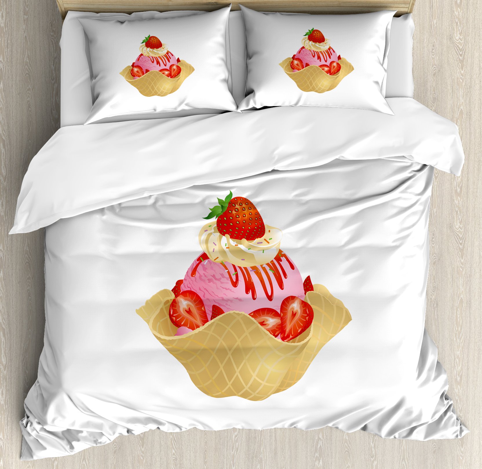 Lunarable Ice Cream Duvet Cover Set - Queen Size 3-Piece Bedding with Wavy Waffle Cone Design, Pink Strawberry Topping & Cream Sauce Pattern, Includes 2 Pillow Shams - Perfect for Kids' Rooms, Summer Bedroom Decor & Ice Cream Lover Gifts