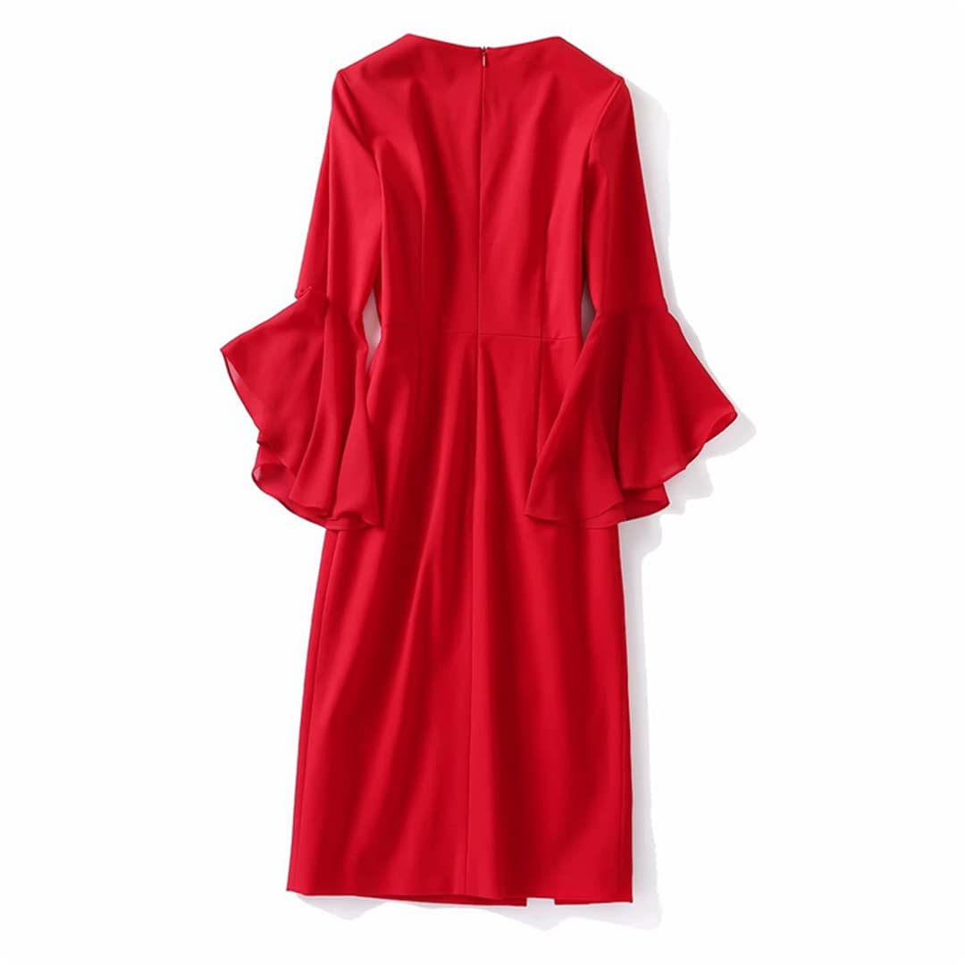 Elegant Office Ladies Dress with Flare Sleeves - Luxury Beaded Embroidery Midi Dress in Black & Red | Perfect for Work, Cocktail Parties & Special Occasions