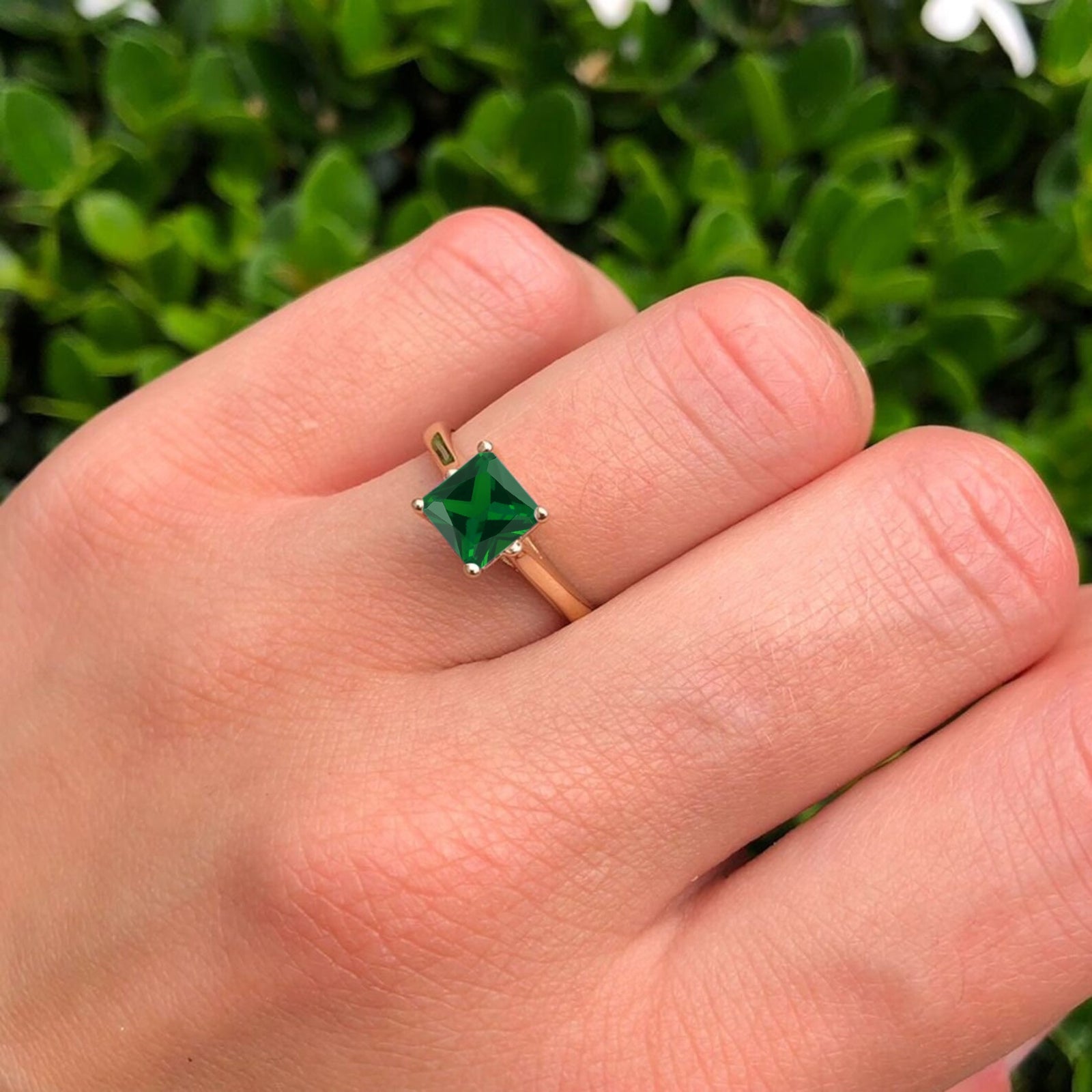 14K Yellow Gold Princess Cut Green Emerald CZ Solitaire Ring for Women - Elegant Cubic Zirconia Engagement & Wedding Jewelry Gift for Her - Perfect for Anniversaries, Proposals, and Special Occasions