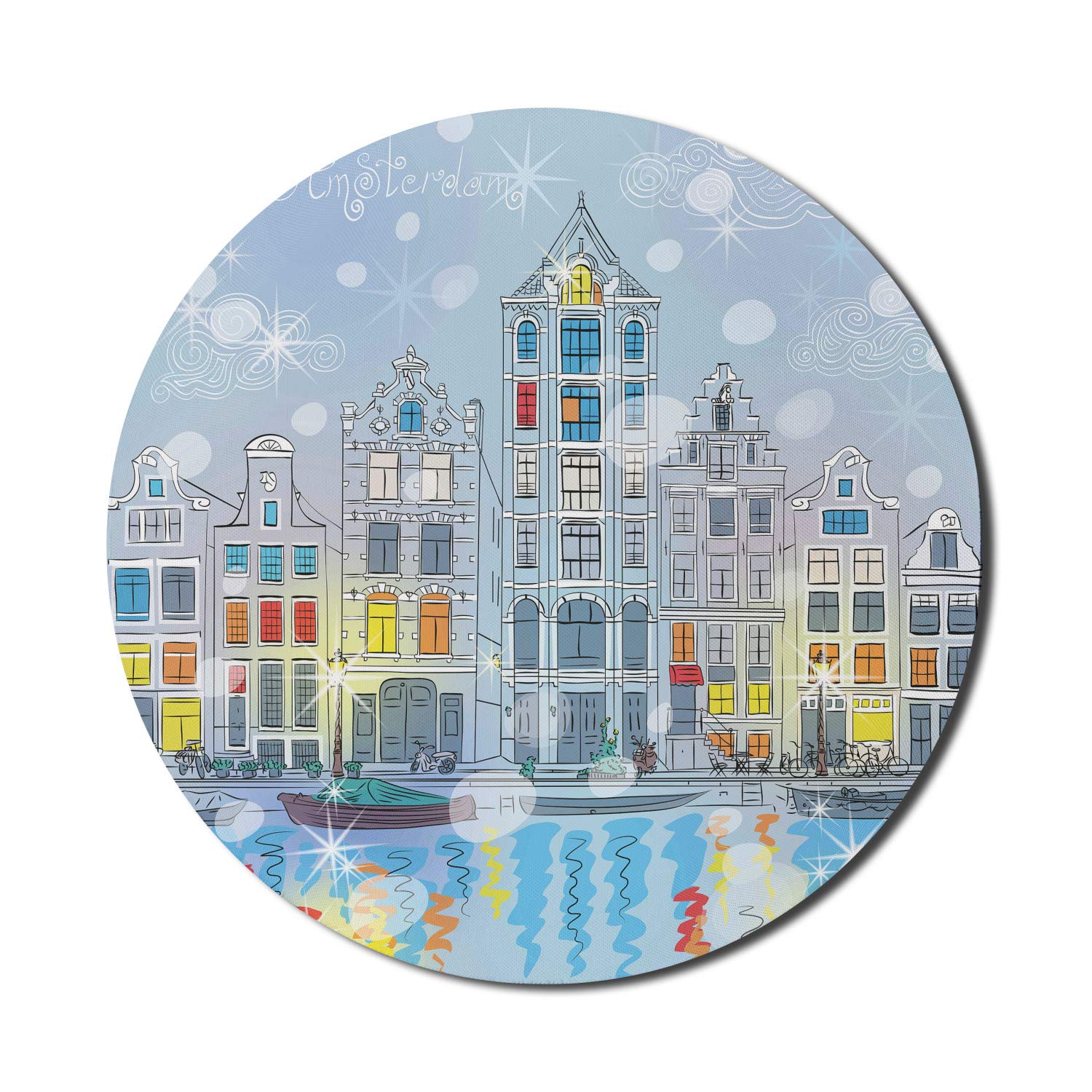 Ambesonne Christmas Mouse Pad - Round Non-Slip Rubber Gaming Mousepad with Amsterdam Canal & European Architecture Design, 8 Inch Multicolor - Perfect for Holiday Decor, Computer Work & Gaming Setup