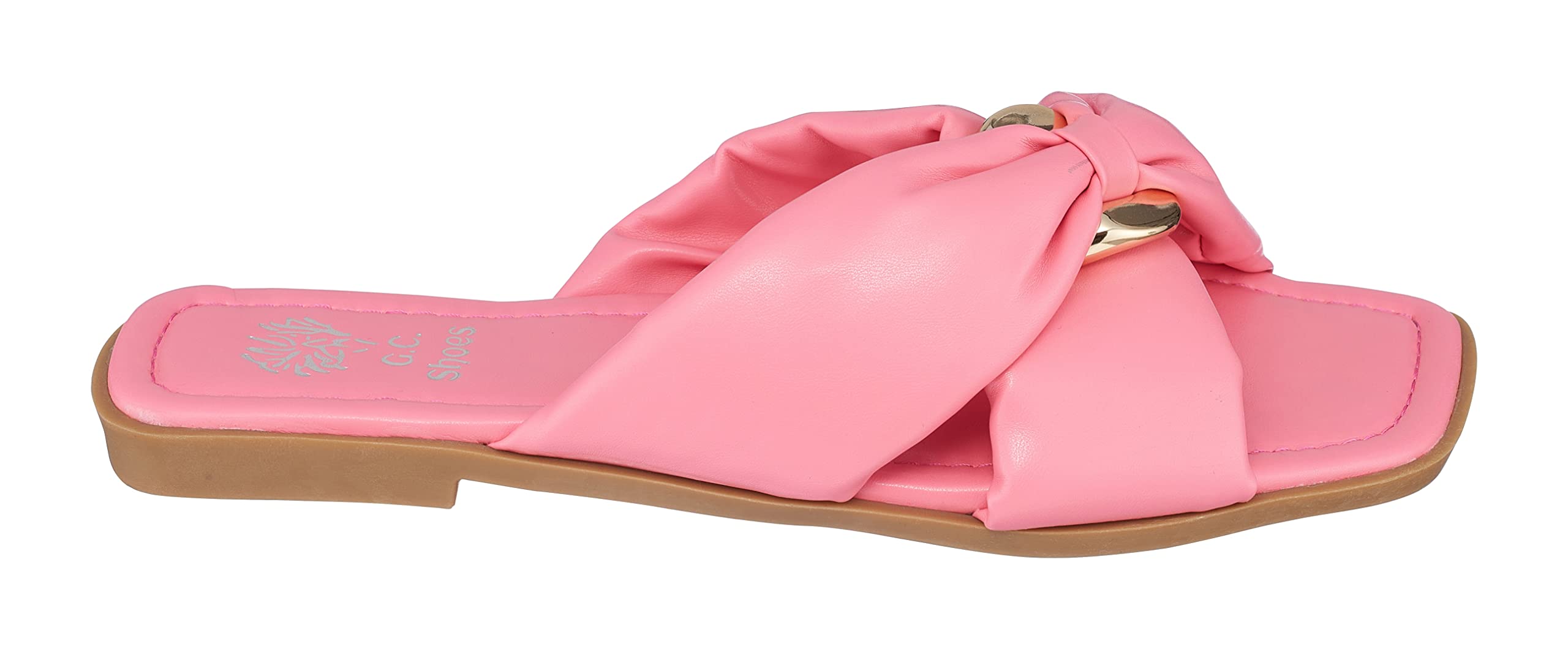 Women's Faux Leather Flat Sandals - Slip-On Summer Slides with Single Knot Band & Knotted Cross Design - Comfortable Padded Thong Sandals for Beach, Vacation & Casual Wear