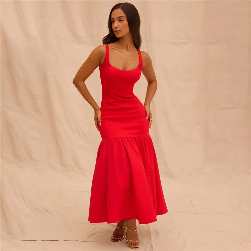 Elegant Backless Maxi Fishtail Dress for Women - Square Collar Sleeveless Loose Pleated Long Gown | Perfect for Evening Parties, Weddings & Special Occasions