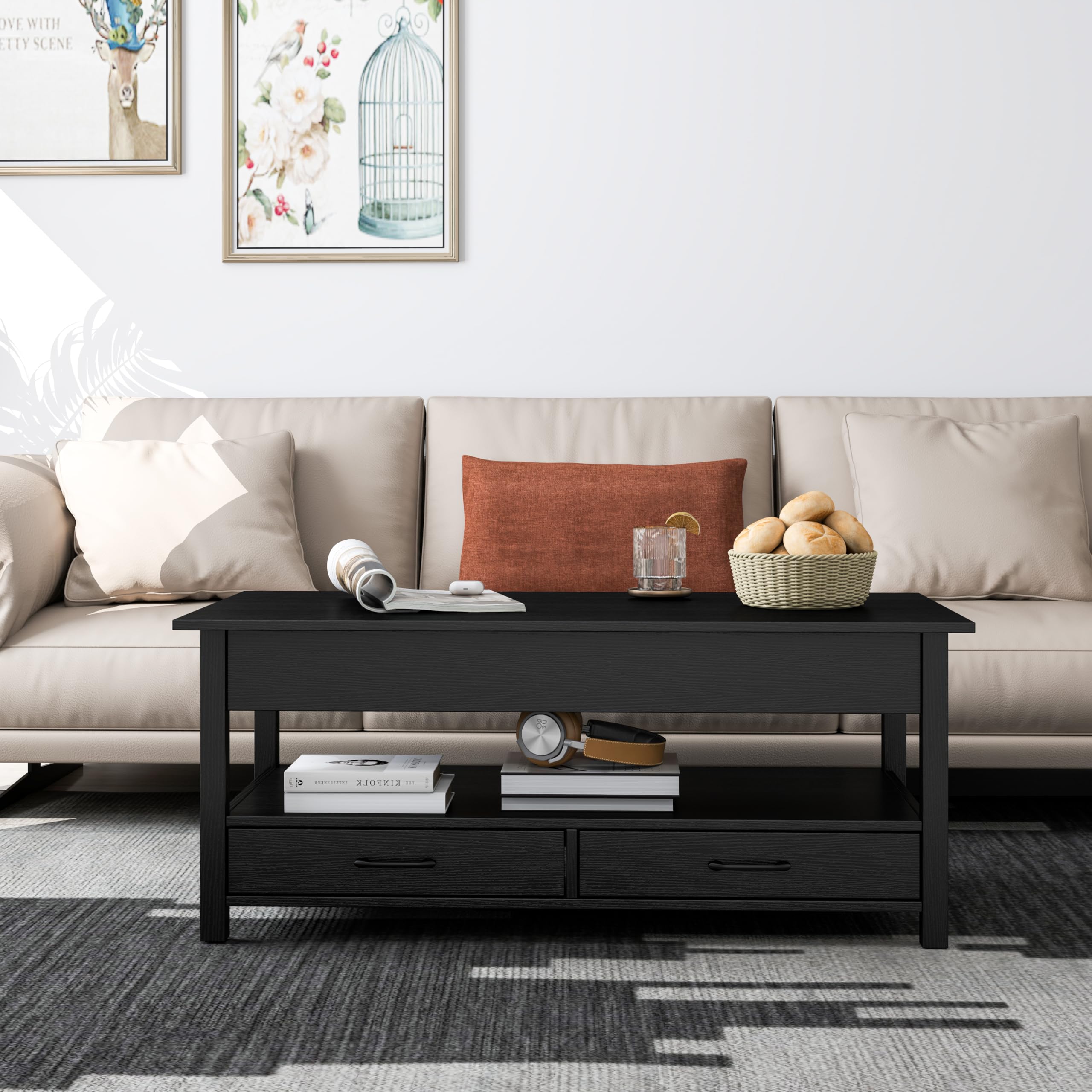 Lift Top Coffee Table with Hidden Storage - Retro Wooden Coffee Table with 2 Drawers & Open Shelf - Panana Lift-Top Living Room Table for Sofa & TV Area (Black) - Perfect for Small Spaces & Home Decor