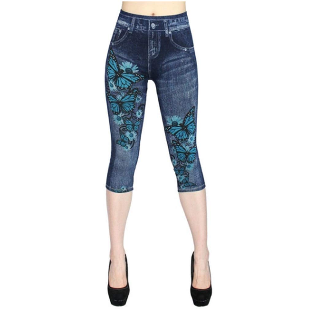 Women's Denim Printed Capri Leggings - Stretchy Skinny Jeggings Pull-On Pants | Casual Wear, Workout, Daily Outfits | 4th of July Sale & Clearance Deals