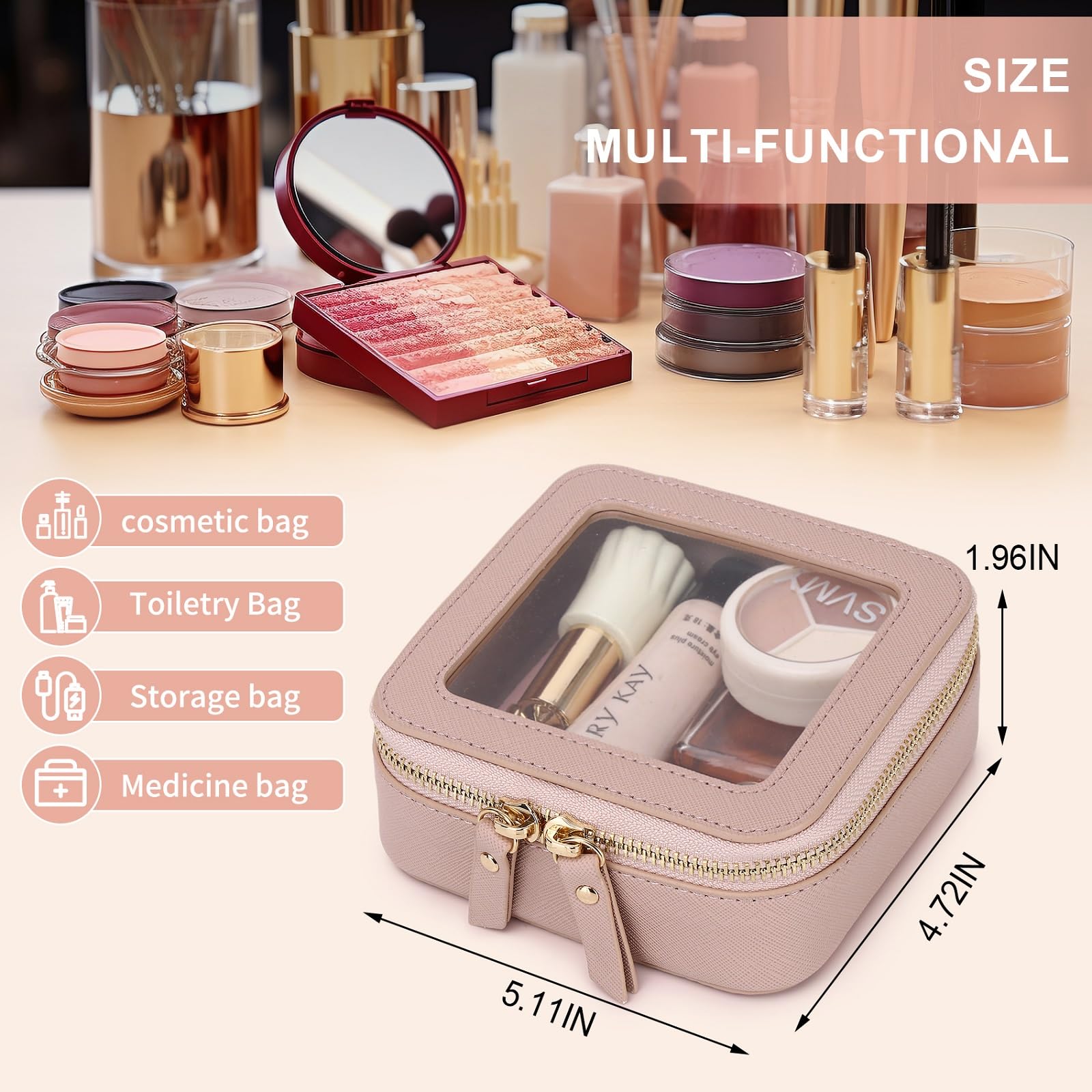 Clear Small Makeup Bag with Zipper - Mini Cosmetic Case & Toiletry Organizer for Women, Travel Essentials & Car Accessories (Pink, MINI-1) - Perfect for Daily Makeup Storage, Traveling, and On-the-Go Organization