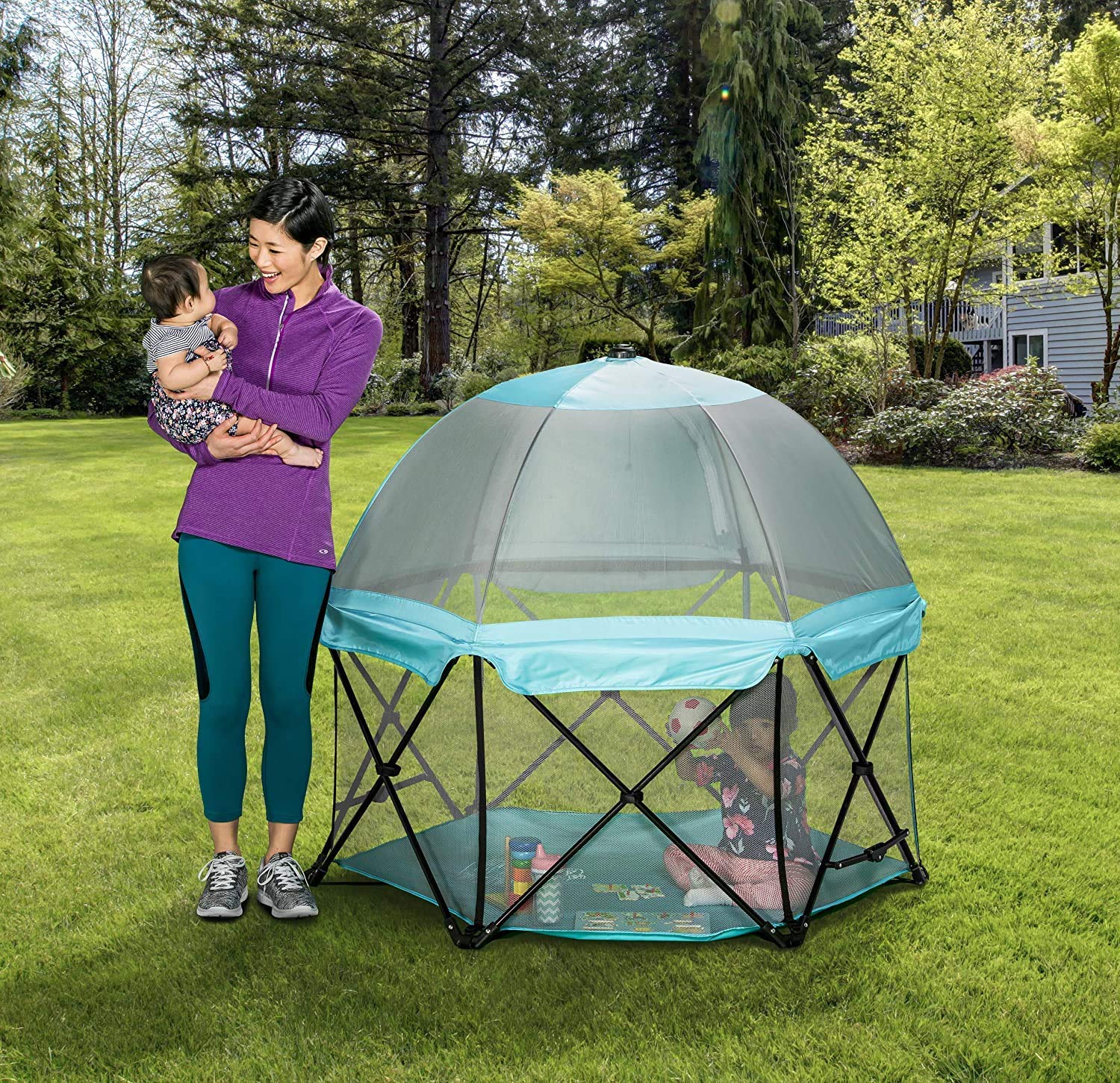 Regalo My Play Deluxe Portable Play Yard for Babies & Toddlers - Indoor/Outdoor Safety Playpen with Full Canopy - 6-Panel Foldable Baby Play Area (Aqua) - Perfect for Home, Park, Beach & Travel Use