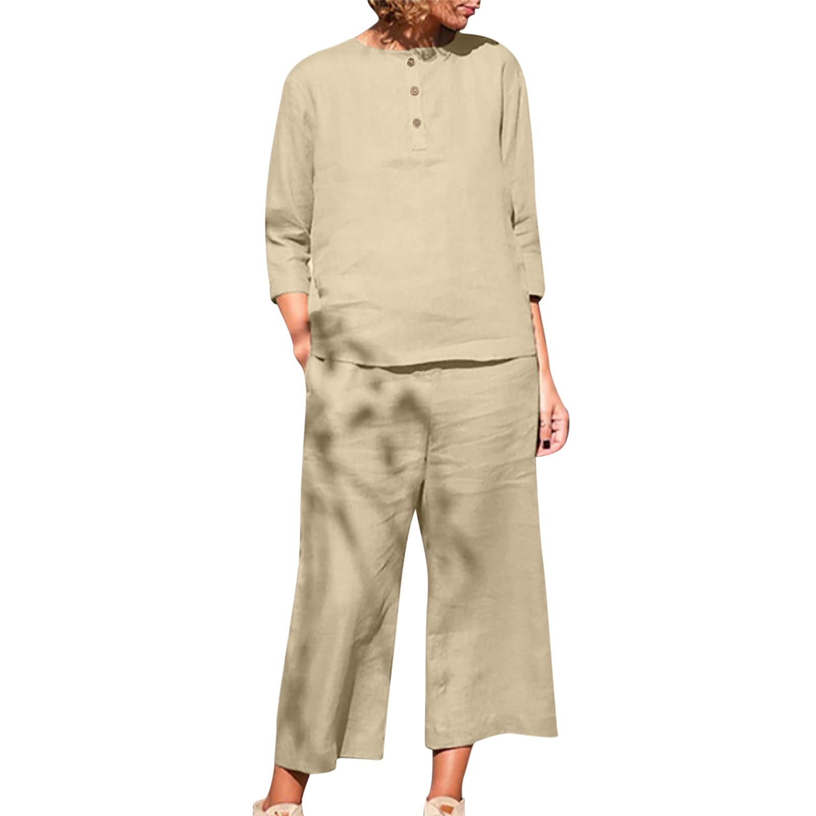 Oelaio 2024 Women's Plus Size Summer 2-Piece Outfit - Cotton Linen 3/4 Sleeve Shirt & Wide Leg Pants Lounge Set (Solid Colors) | Trendy Vacation Travel Outfit for Beach, Casual Wear & Relaxation