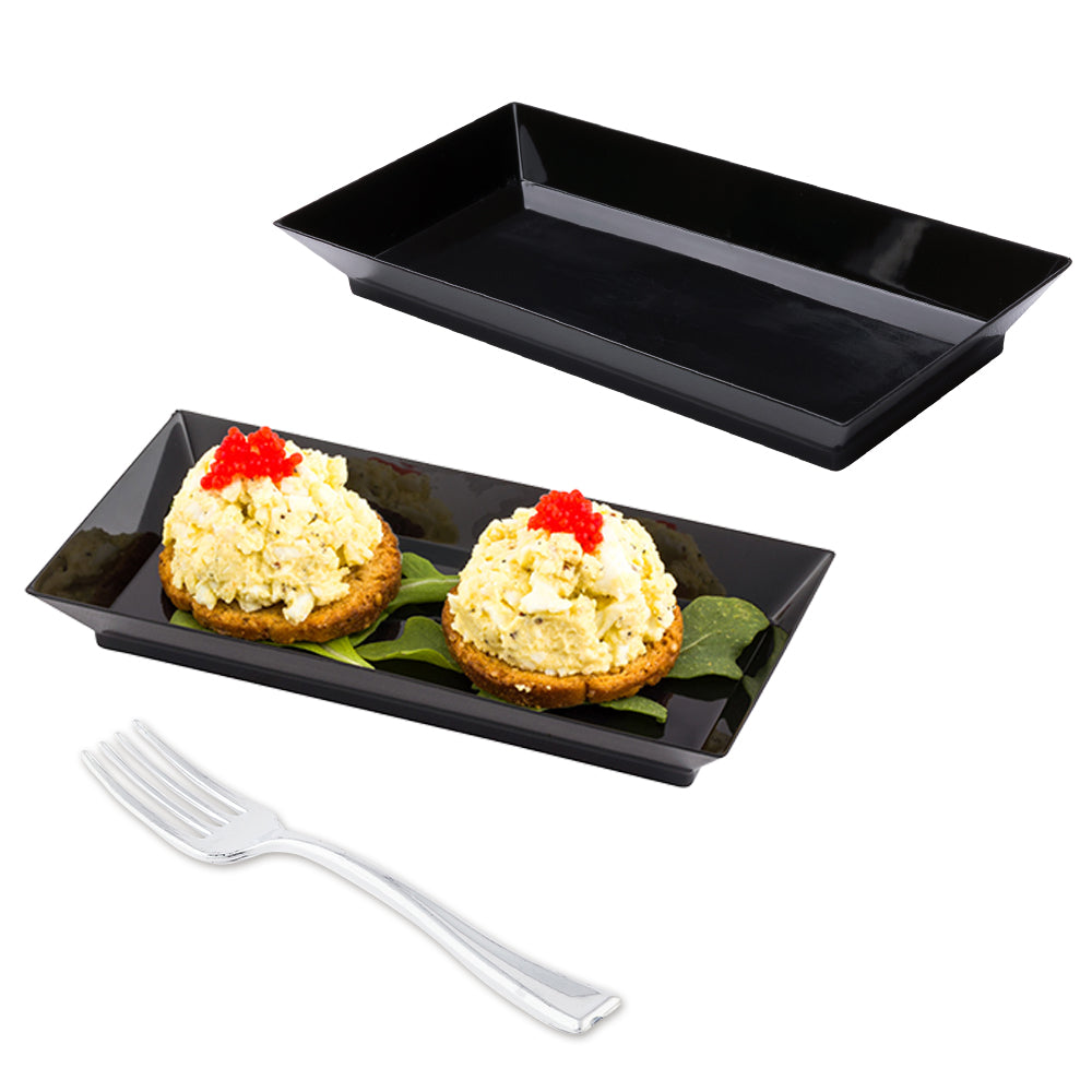 100-Pack Black Rectangle Plastic Plates & 100-Pack Silver Mini Plastic Forks - Perfect for Parties, Picnics, and Outdoor Events