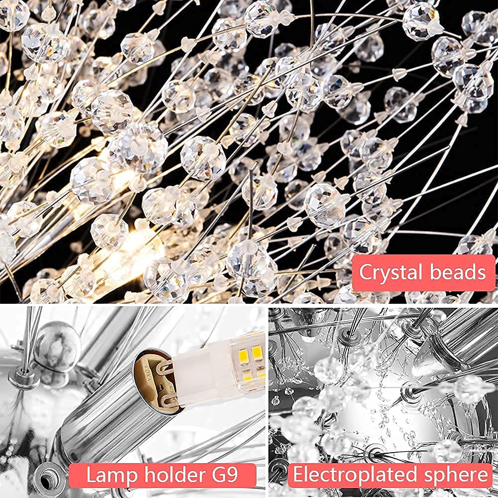16-Light Modern Chrome Round Firework Pendant Chandelier - Dandelion Crystal Ceiling Light Fixture for Dining Room, Bedroom, Living Room | Elegant Lighting for Home Decor, Wedding Venues & Luxury Spaces