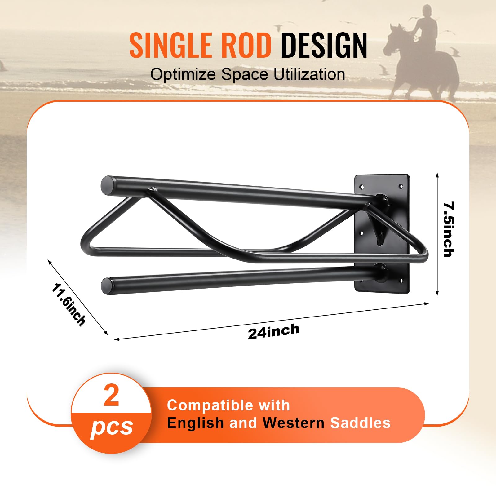 VEVOR Heavy-Duty Wall Mounted Saddle Rack - 2 Pack Steel Saddle Stand with Pad Bar (23.8