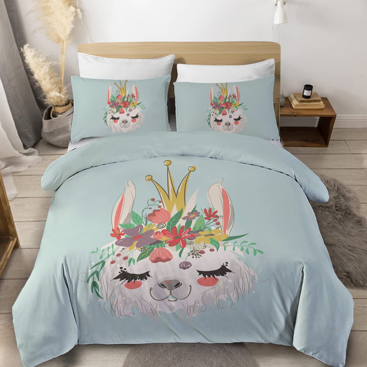 Sleepwish Llama Bedding Twin Set - 3 Piece Cute Floral Mint Green Duvet Cover & Pillowcases for Kids Boys Girls Bedroom | Soft Comforter Cover Set for Cozy Sleep, Nursery Decor, Birthday Gift