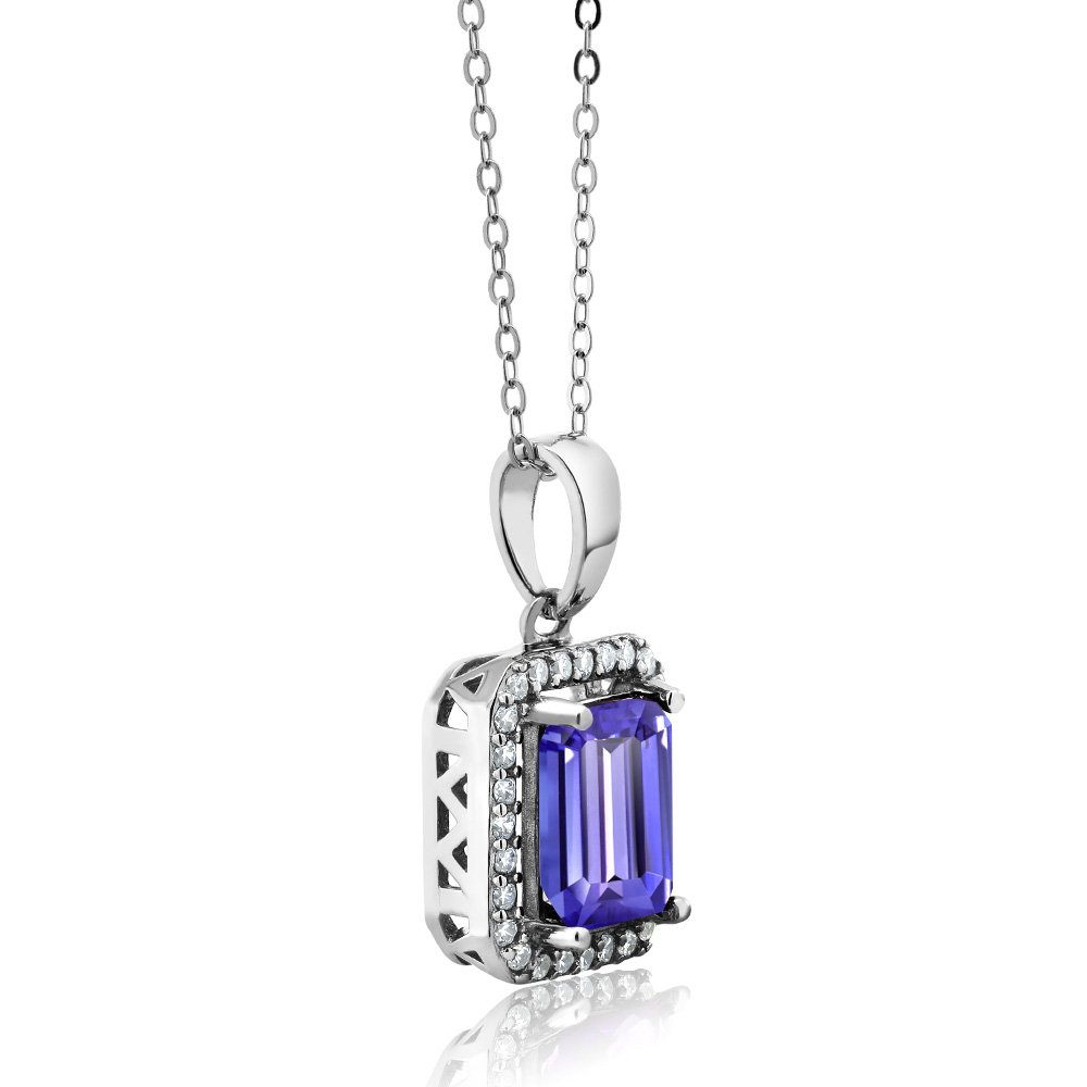 Gem Stone King 925 Sterling Silver Emerald Cut 9x7mm Birthstone Halo Pendant Necklace for Women with 18