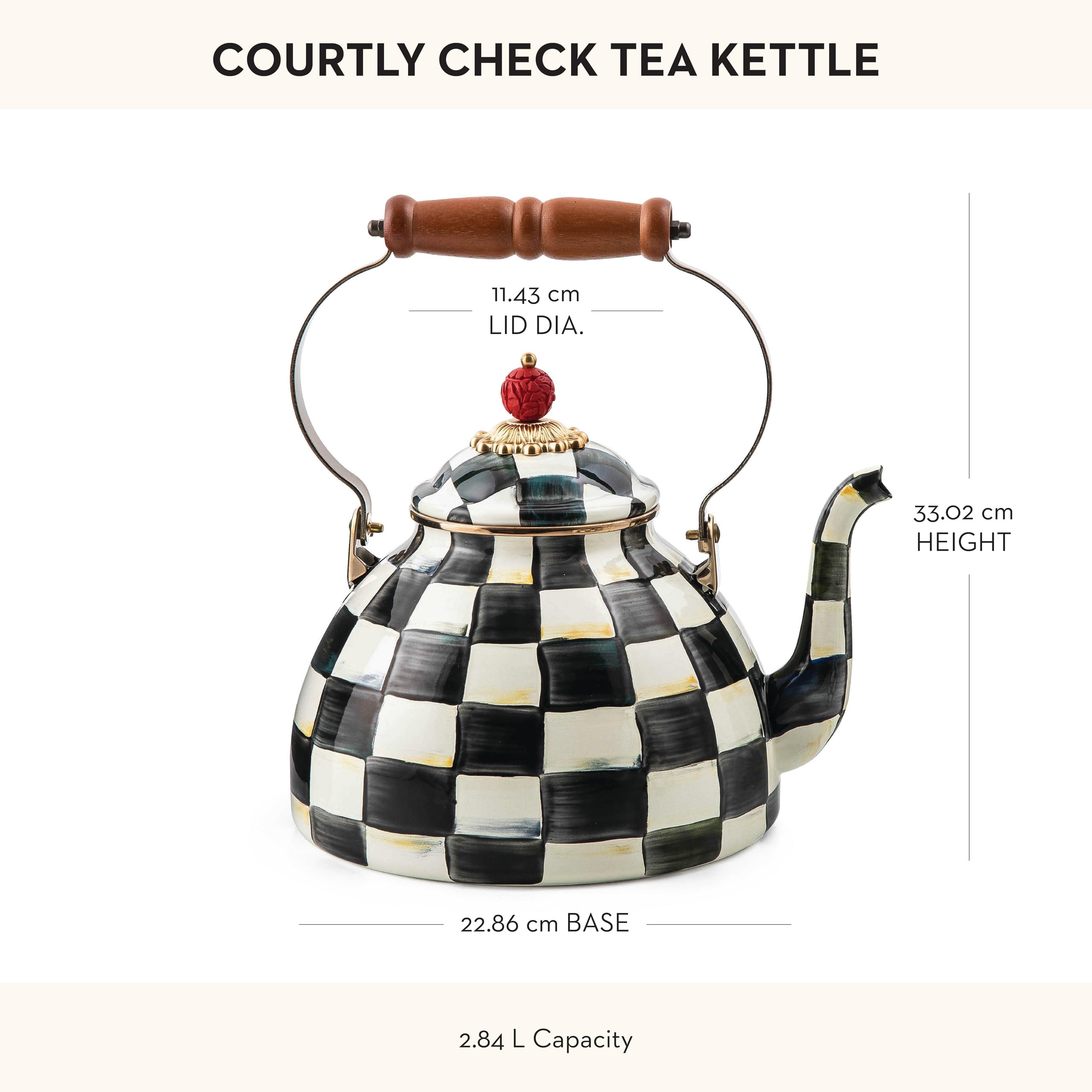 MACKENZIE-CHILDS 3-Quart Enamel Tea Kettle - Black-and-White Courtly Check Stovetop Kettle for Tea Lovers | Perfect for Kitchen, Home Decor & Gift Giving