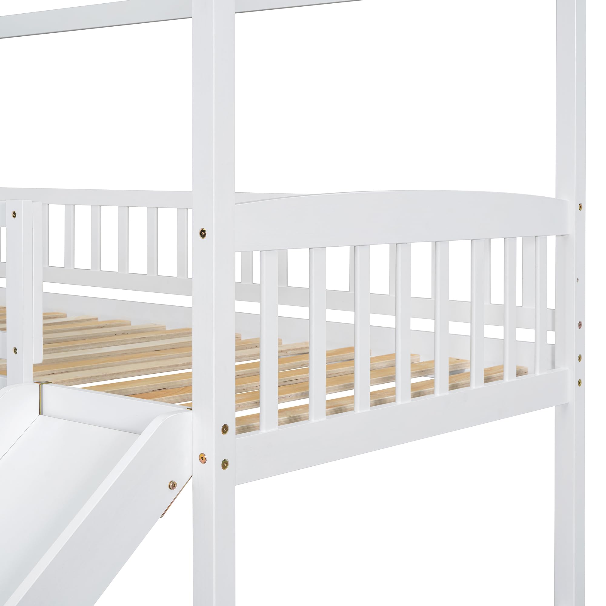 Solid Wood Twin Over Twin Bunk Bed with Slide & Storage Staircase - Kids Loft Bed with Roof & Guardrails for Girls & Boys - Easy Assembly (White) - Perfect for Small Bedrooms, Playrooms & Sleepovers