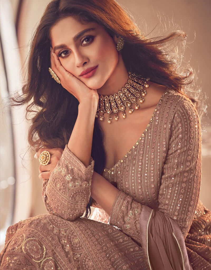 Elegant Brown Lehenga Style Suit - Semi Stitched Indian Ethnic Wear for Women | Perfect for Weddings, Festivals & Special Occasions