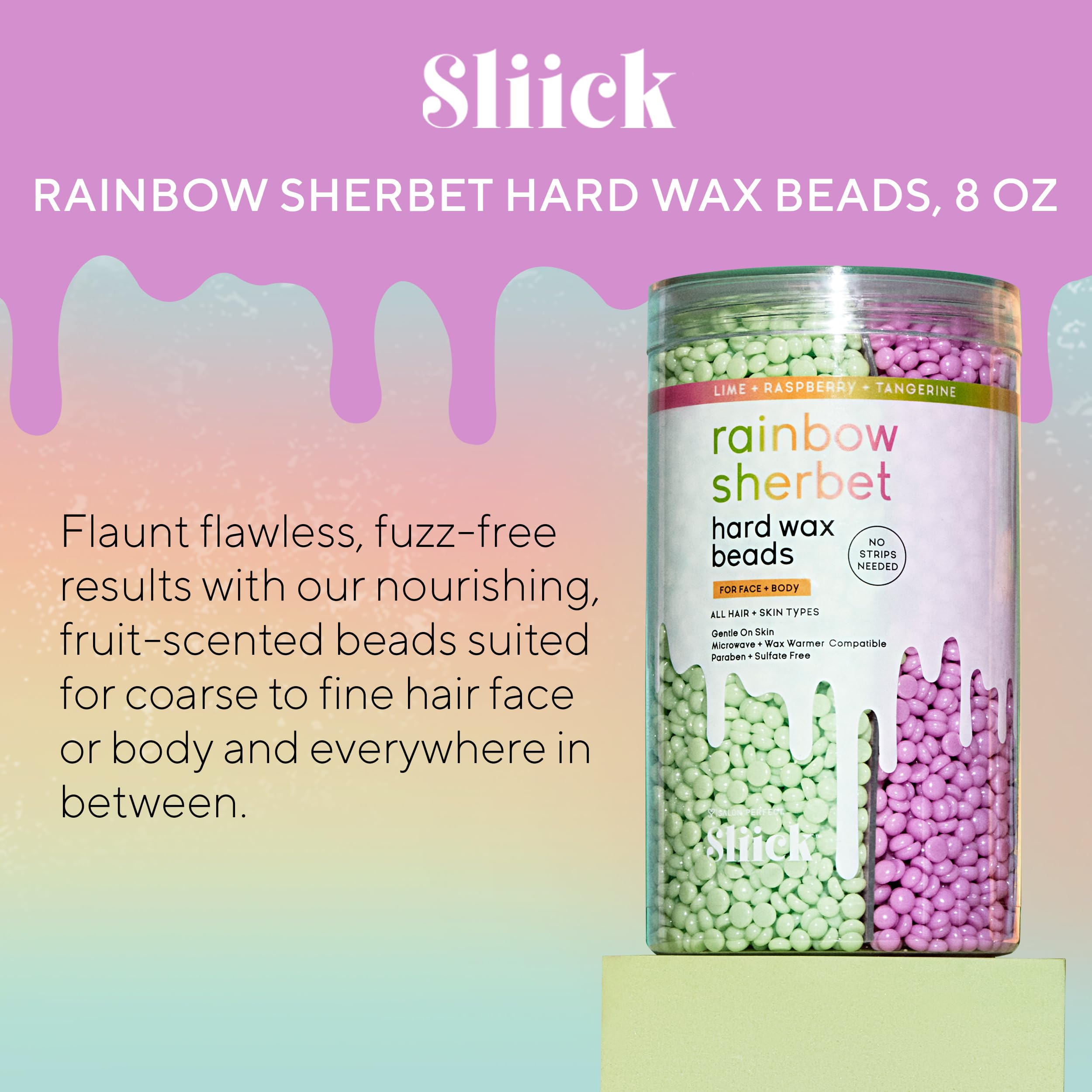 Sliick Rainbow Sherbet Hard Wax Beads for Hair Removal - Stripless Waxing Kit for Face, Body, Bikini Area | All Hair & Skin Types | 15 oz | At-Home Salon Waxing & DIY Beauty Care