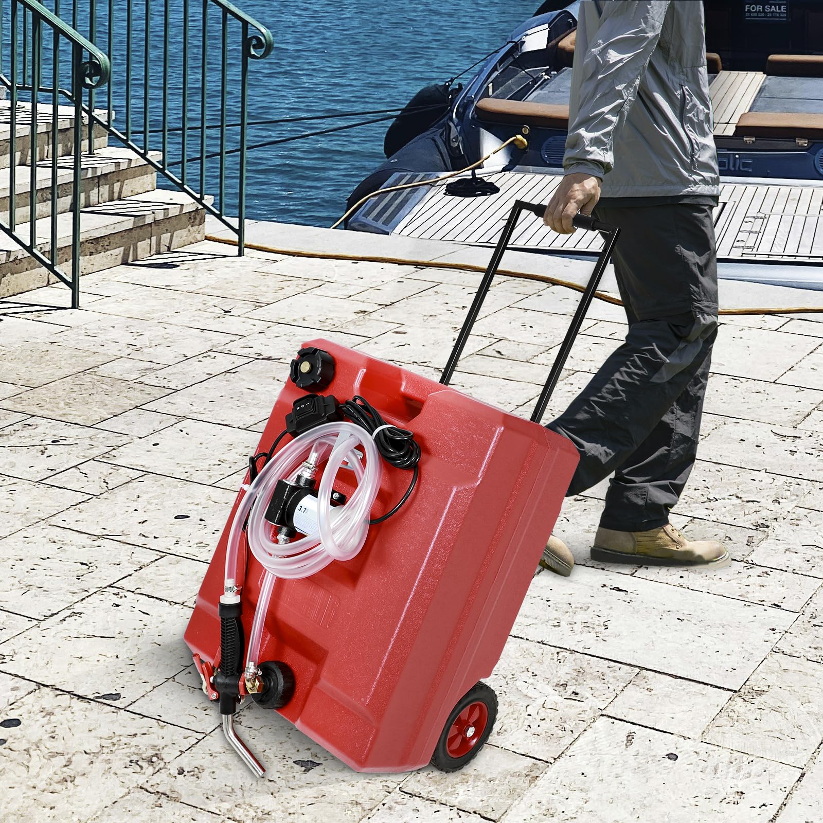 13 Gallon Portable Fuel Caddy Tank with 12V DC Electric Pump - Gas & Diesel Transfer with Reversible Flow, Overheat Protection & Switch Control - Adjustable Handle & Heavy-Duty Wheels - Ideal for Construction Sites, Farms & Emergency Fuel Storage