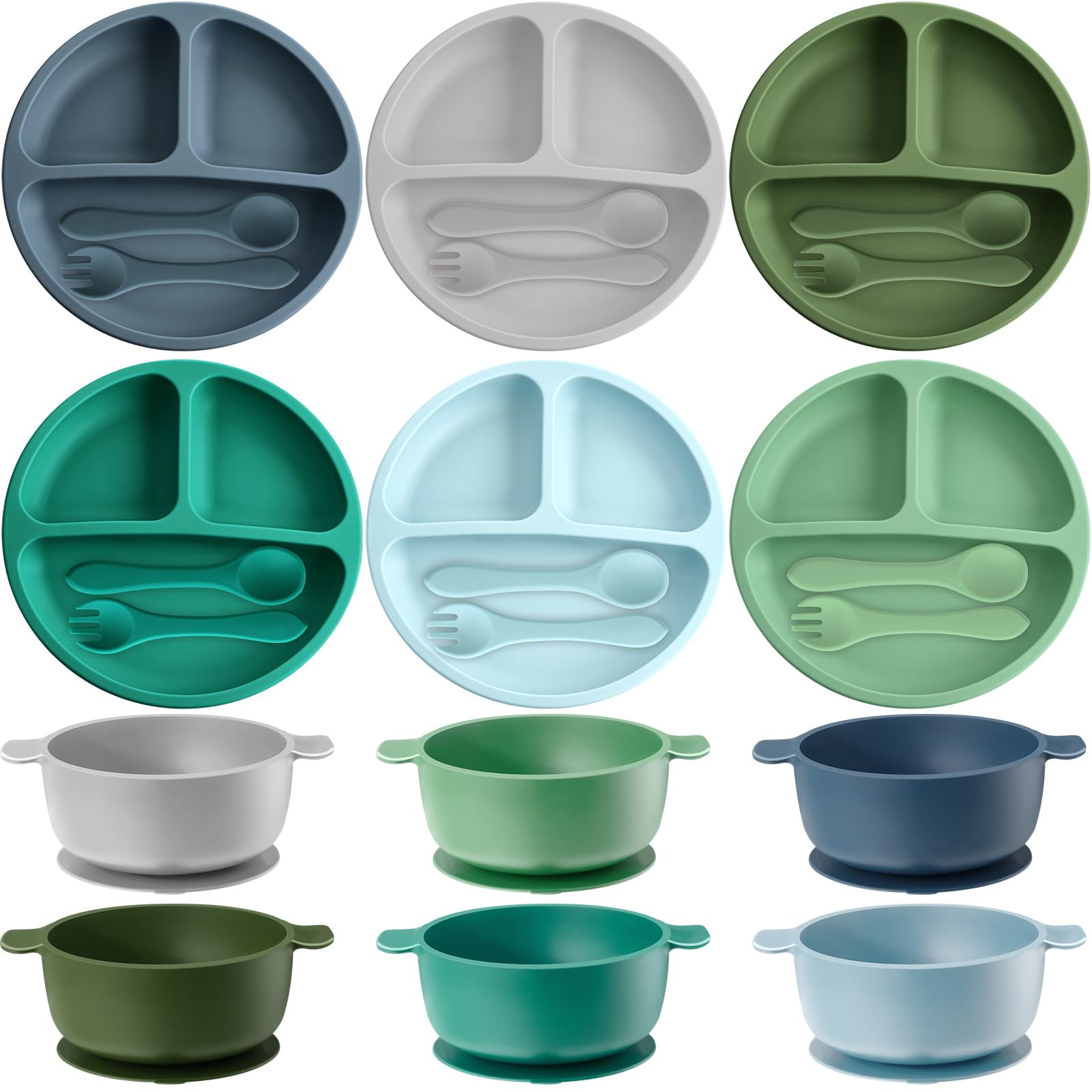 Dandat 24-Piece Silicone Baby Feeding Set - 6 Suction Bowls, 6 Divided Plates, 6 Forks & 6 Spoons - BPA-Free Toddler Utensils for Weaning & Self-Feeding - Vivid Colors (Perfect for Home, Travel & Daycare Use)