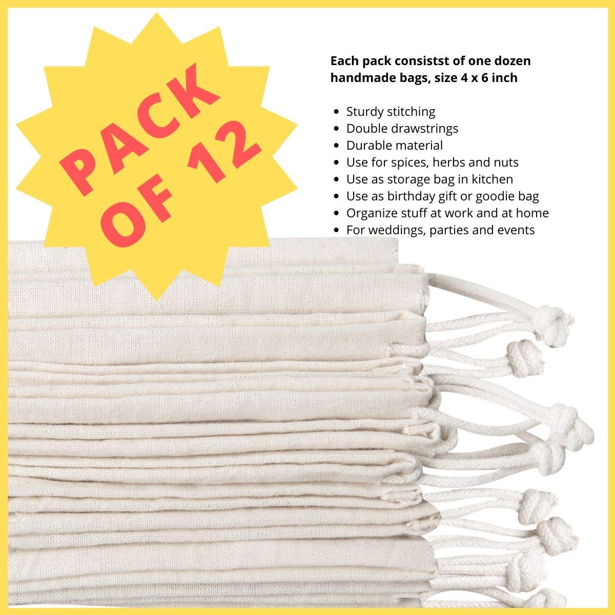 Premium 100% Cotton Muslin Drawstring Bags - 12 Pack Unbleached Beige (4