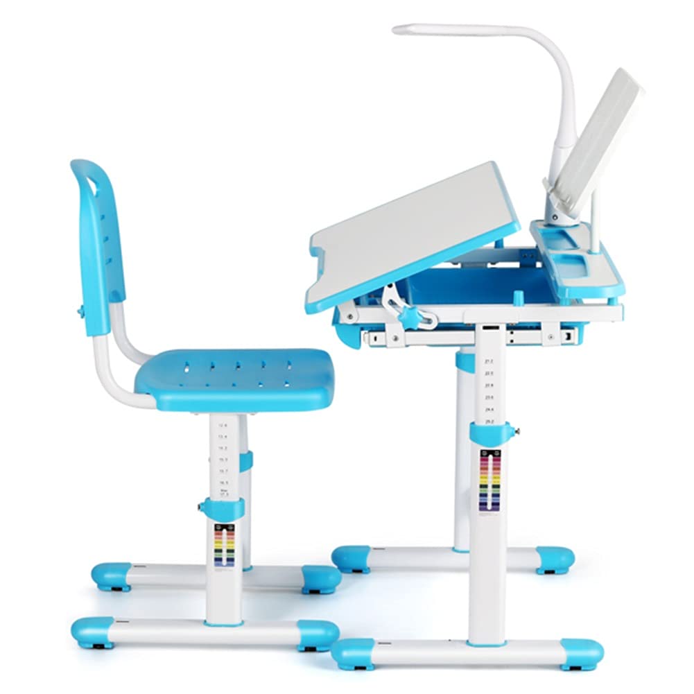 Adjustable Kids Desk and Chair Set - Ergonomic Study Desk for Children with Bookstand, Storage Drawer, 40°Tilt Desktop & LED Light - Perfect for Homeschooling, Online Learning & Art Projects (Blue)