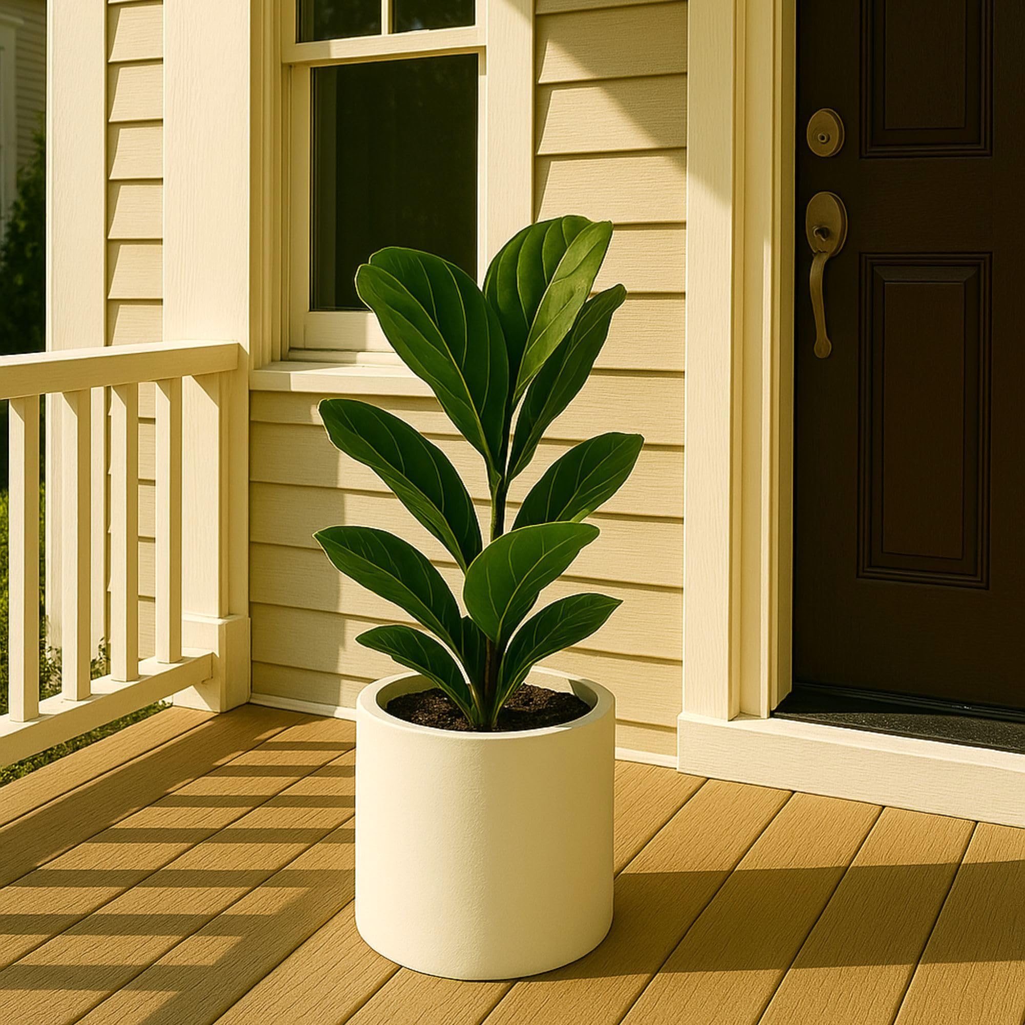 Premium 10 Inch Fiberstone Planter with Drainage - Lightweight Matte White Indoor/Outdoor Plant Pot - Weather & UV Resistant Flower Container for Home Garden, Patio & Office Decor