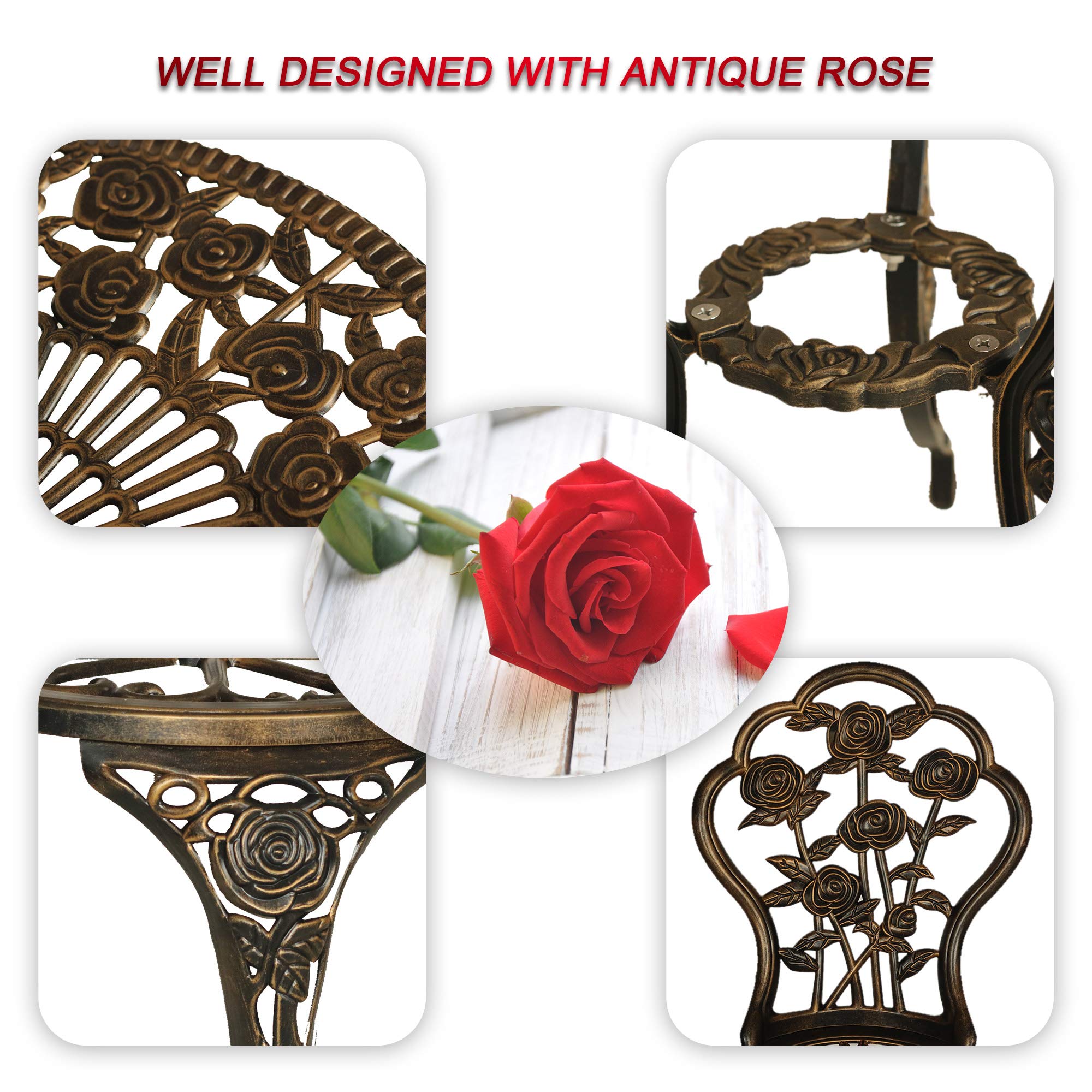3-Piece Patio Bistro Table Set - Outdoor Cast Aluminum Dining Set with Umbrella Hole, Rose Flower Design, Dark Bronze Balcony Furniture (Perfect for Small Spaces, Garden, Deck & Backyard Relaxation)
