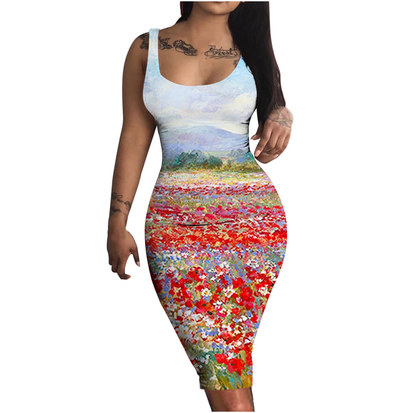 Sexy Floral Print Bodycon Tank Dress for Women - Sleeveless Midi Pencil Dress for Club, Party & Vacation | Perfect for Night Out, Date Night & Summer Beach Wear