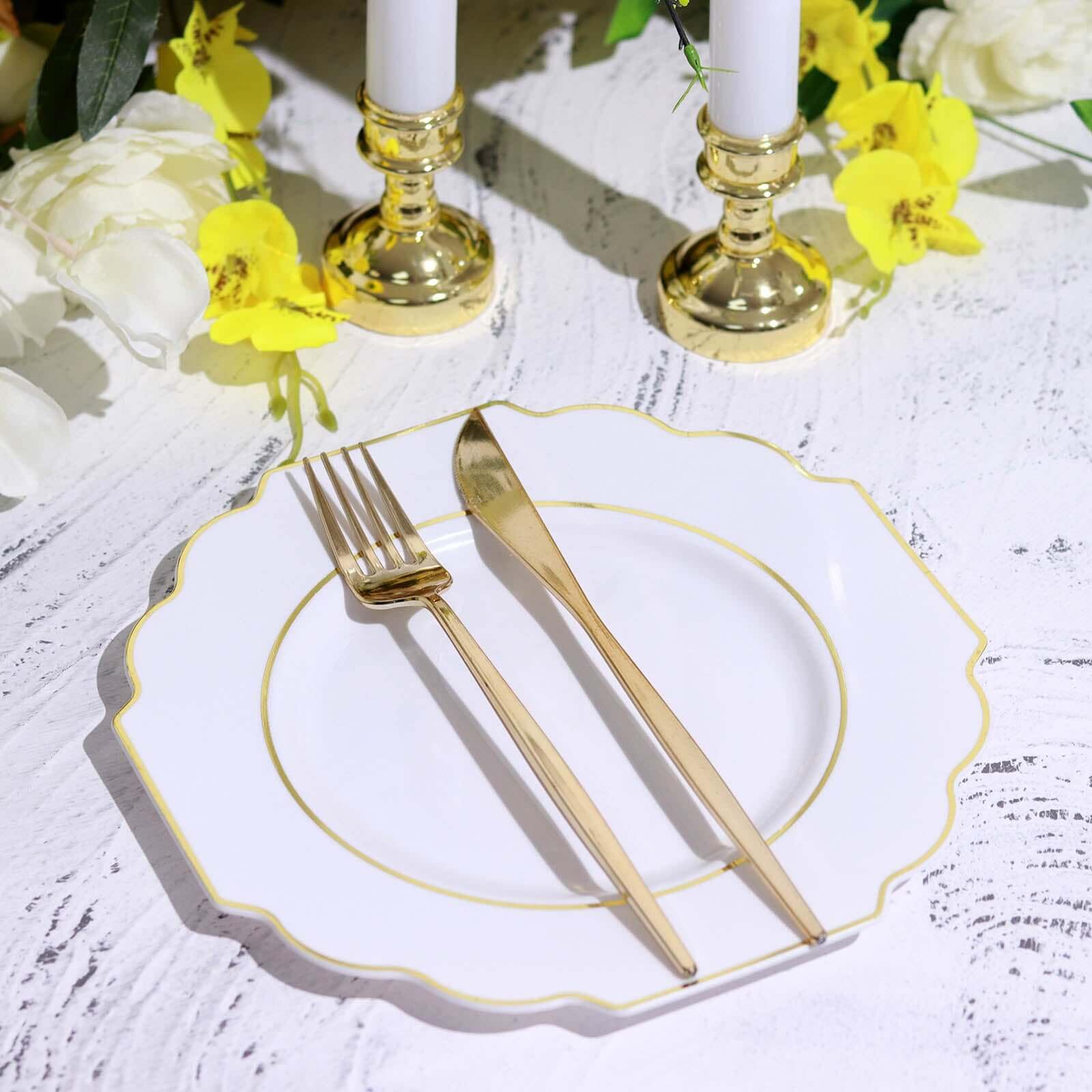 Efavormart 10 Pack 8 Inch White Plastic Dessert Plates - Disposable Gold Rim Baroque Style Salad Plates for Parties, Weddings & Elegant Events