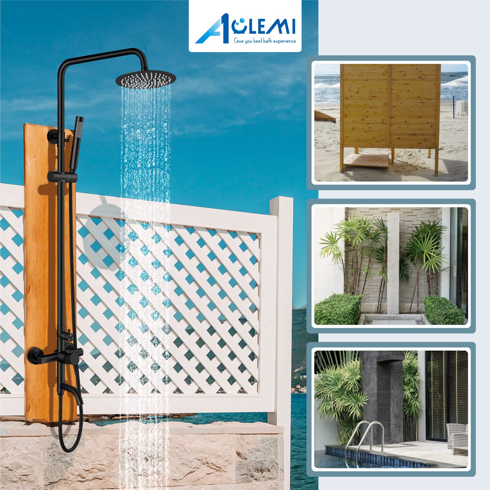 Aolemi Matte Black Outdoor Shower Faucet - SUS304 Stainless Steel 8 Inch Rainfall Shower Head System with Handheld Shower & Tub Spout Set for Bathroom, Poolside, and Garden Use