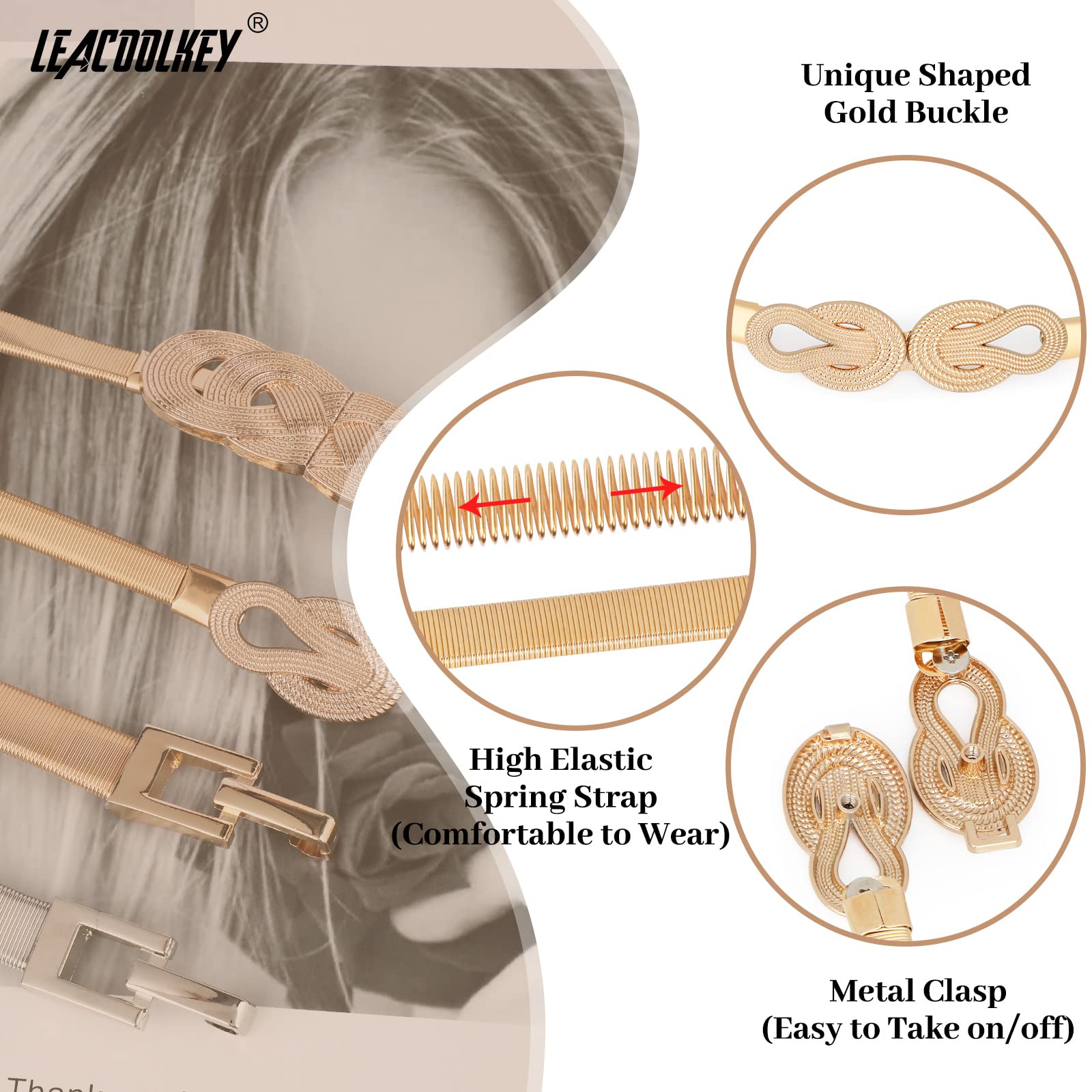 LEACOOLKEY Women's Gold Skinny Belt - Stretchable Metal Waist Belt for Dresses, Elastic Thin Belt for Women, Perfect for Casual, Office & Evening Wear
