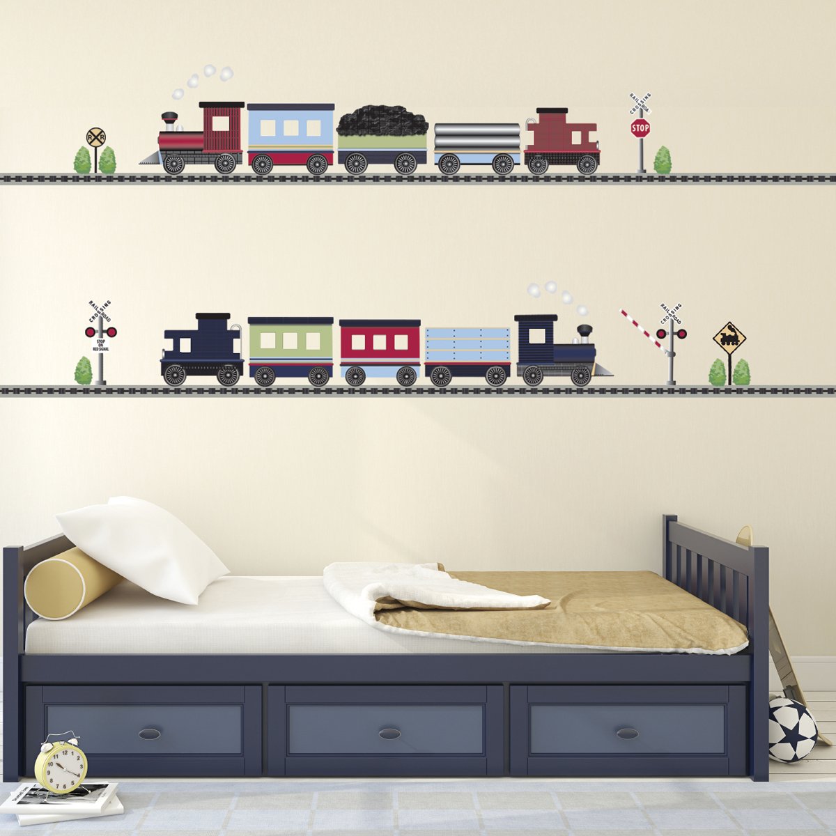 2 Freight Train Wall Decals + 30ft Straight Railroad Track - Eco-Friendly Peel & Stick Wall Stickers for Kids Room, Nursery, Playroom Decor - Perfect for Train-Themed Bedrooms & Play Areas