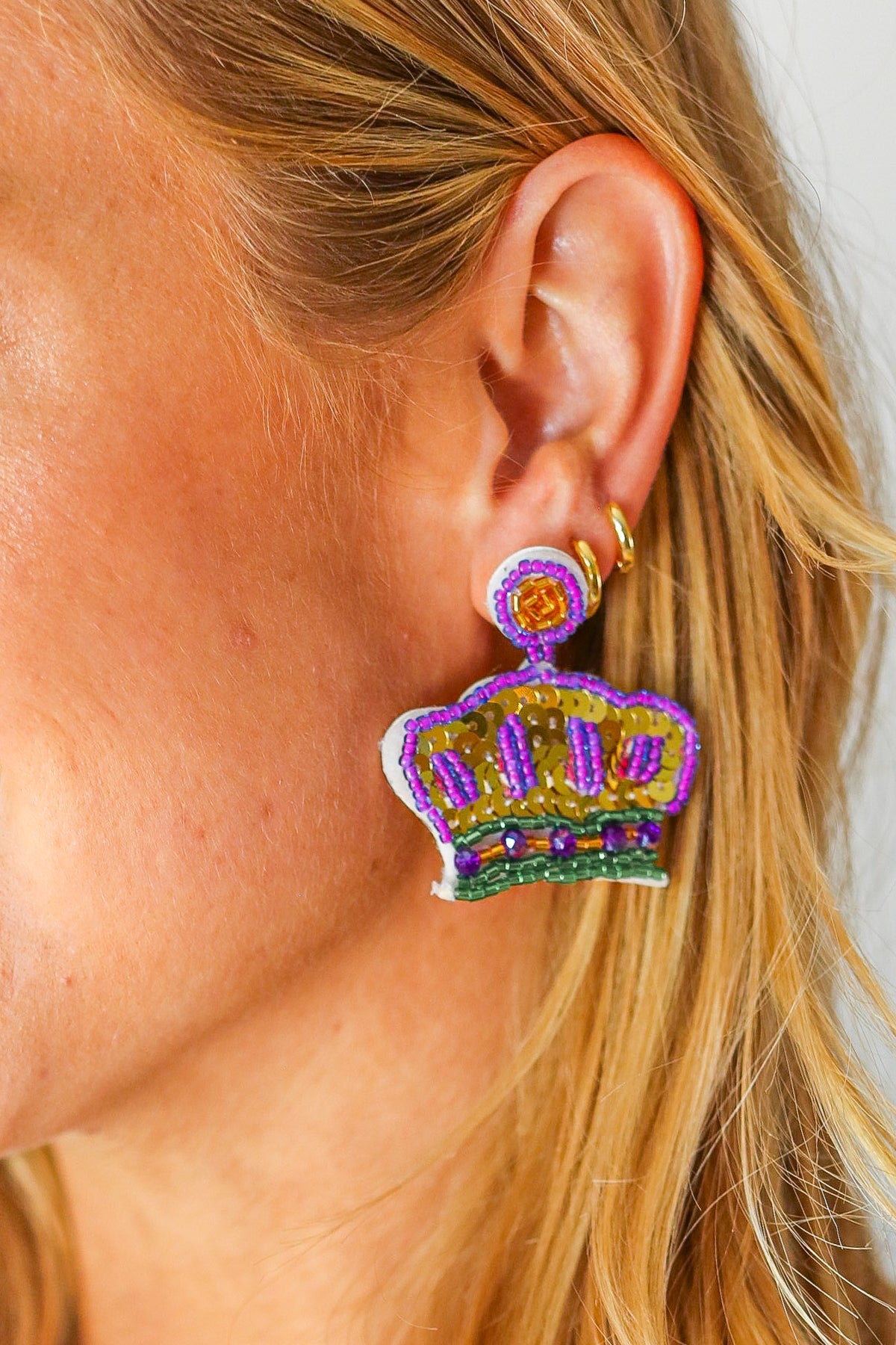 Sparkly Mardi Gras Sequin & Beaded Crown Dangle Earrings for Women | Festival Party Costume Jewelry | Perfect for Carnival, Masquerade Balls & Themed Events