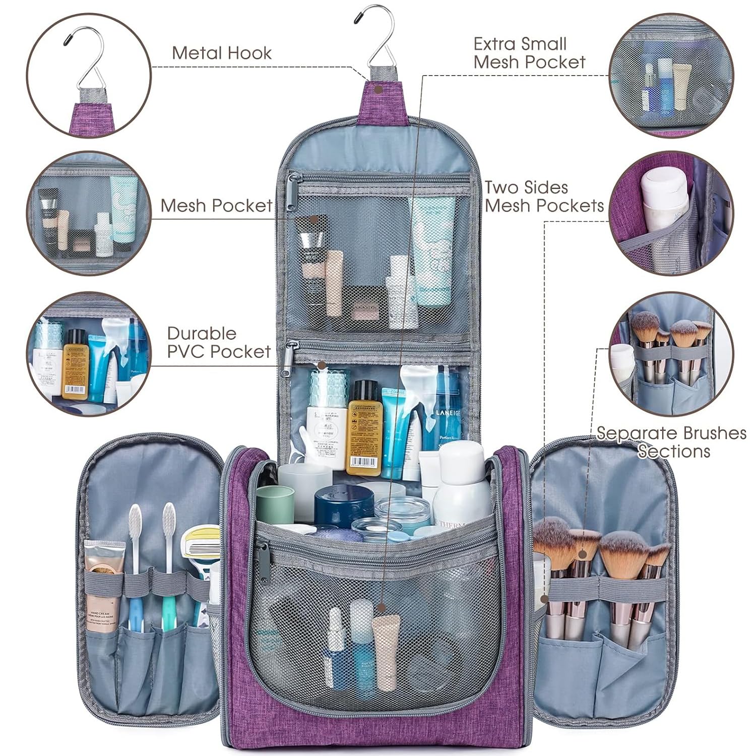 Premium Hanging Toiletry Bag for Women - Large Travel Makeup Organizer with Multiple Pockets for Cosmetics & Toiletries (Dark Purple) | Perfect for Vacation, Gym, Camping & Business Trips