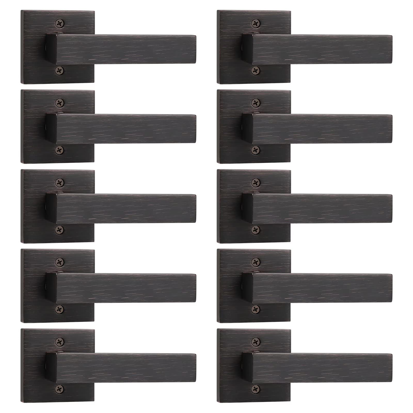 10 Pack Dummy Lever Door Handles - Slim Square Non-Turning Single Side Pull Only for Closet & French Doors - Oil Rubbed Bronze Finish - Modern Contemporary Design - Perfect for Half-Dummy Applications in Bedrooms, Bathrooms & Cabinets