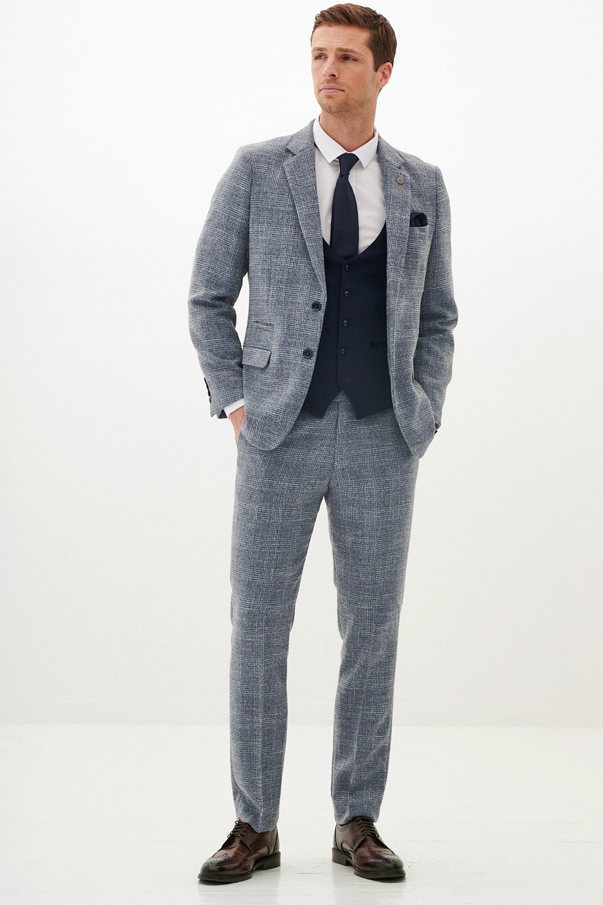 KRIS Sky Blue Tweed Suit with Kelvin Navy Waistcoat - Elegant Wedding & Formal Business Attire for Men