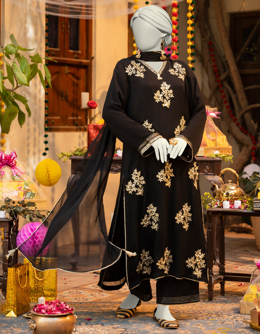 Elegant Black Chiffon Stitched Suit by J. Junaid Jamshed - Perfect for Weddings, Parties & Formal Occasions